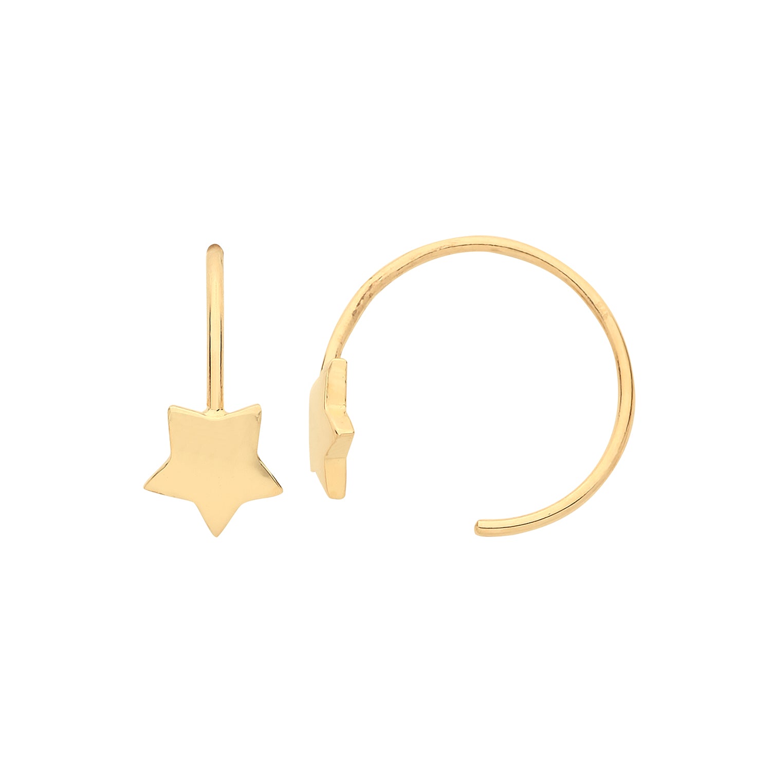 The 9CT GOLD STAR MINI HOOK HOOP EARRINGS feature two 9ct yellow gold hoops, each adorned with a small, flat star-shaped charm. One earring is shown from the front and the other from the side.