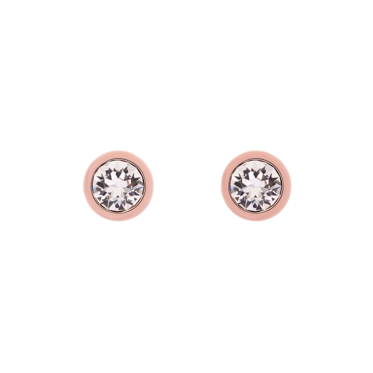 The TED BAKER Sina Rose Gold Finish Swarovski Crystal Stud earrings (TBJ1084-01-02) feature round, clear Swarovski crystals set in rose gold-toned metal, shown against a white background.
