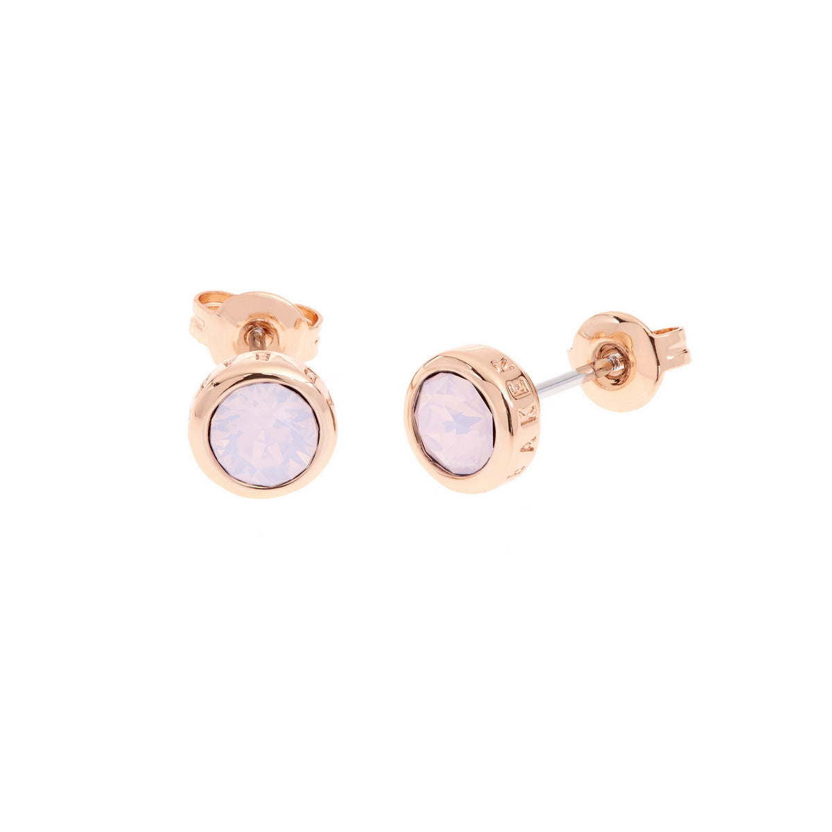 The TED BAKER Sina Rose Gold Finish Rose Water Opal Stud earrings (TBJ1084-01-203) feature round pale opal gemstones in a classic bezel setting.