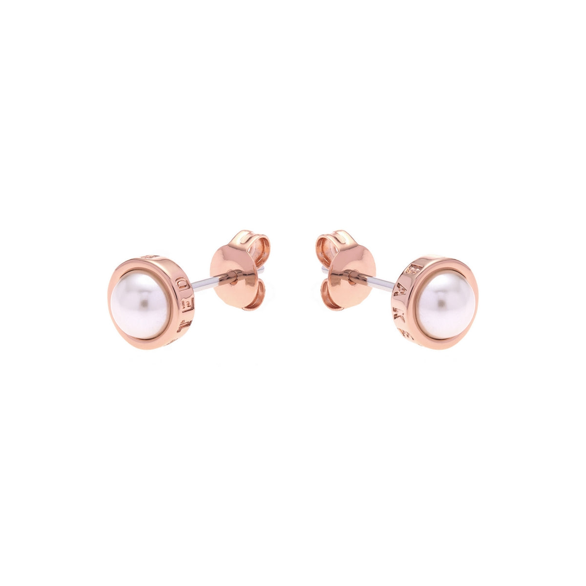 The TED BAKER Sina Rose Gold Finish Pearl Stud Earrings (TBJ1084-24-28) feature round white pearls in bezel settings with engraved detailing on the rose gold metal edges.