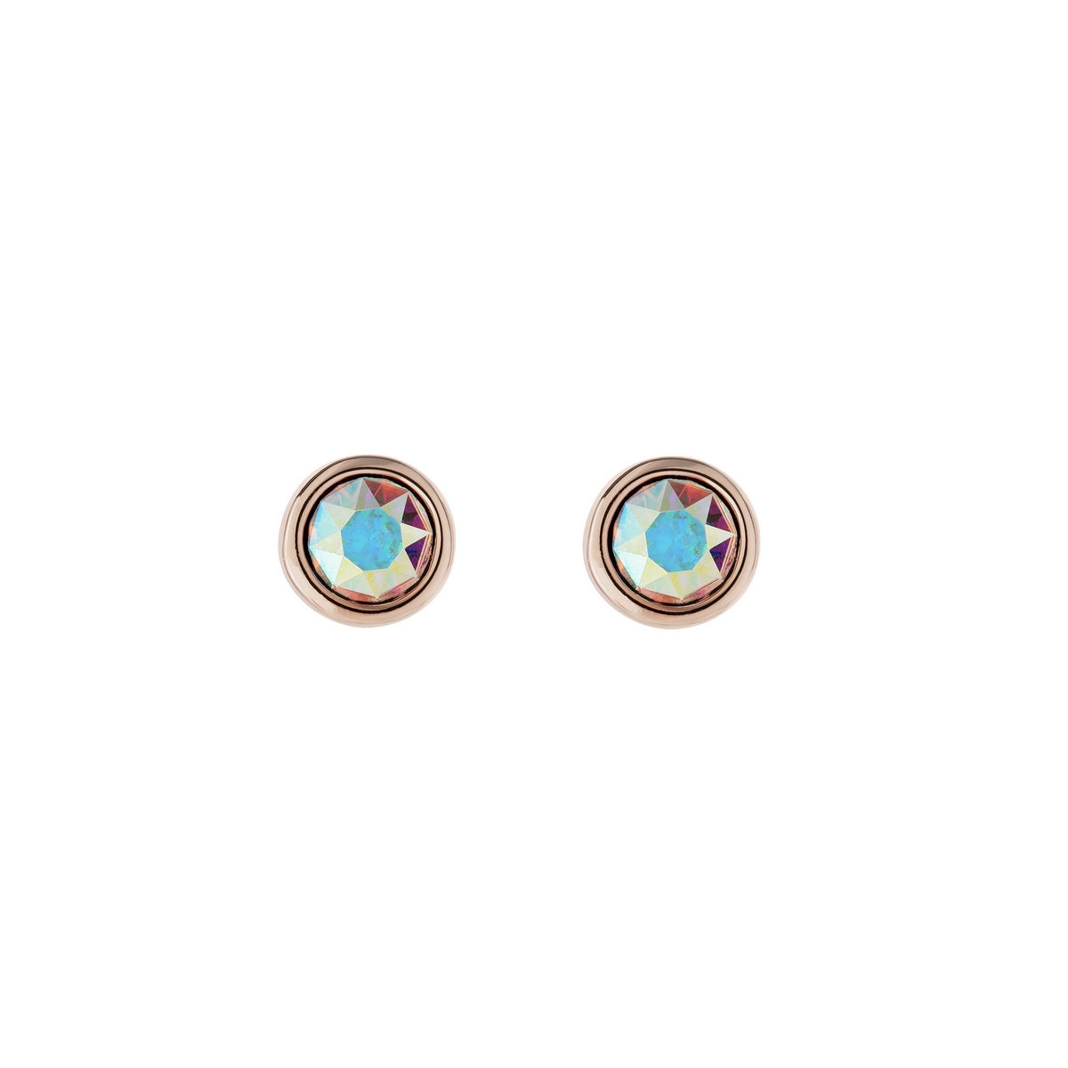 TED BAKER Sinaa Aubore Stud Earrings TBJ1084-24-77 feature iridescent, faceted Swarovski Crystals set in rose gold-finished bezels, adding a touch of elegance to any look.