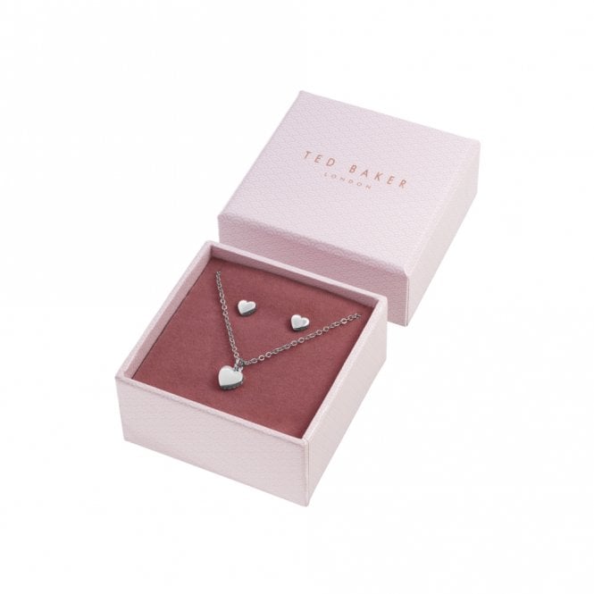 The TED BAKER Amoria Silver Finish Heart Stud (Harly) and Pendant Necklace (Hara) Gift Set TBJ1222-24-03 is showcased in an open pink jewelry box with a velvet interior.