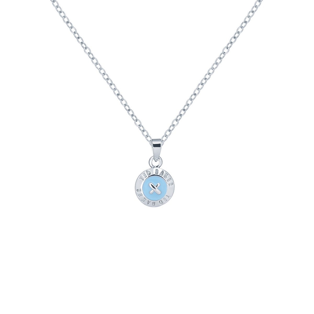 The Ted Baker Elvina Silver Tone Aqua Enamel Mini Button Necklace (TBJ1260-01-30) features a round pendant with an aqua enamel center and engraved text around the edge.