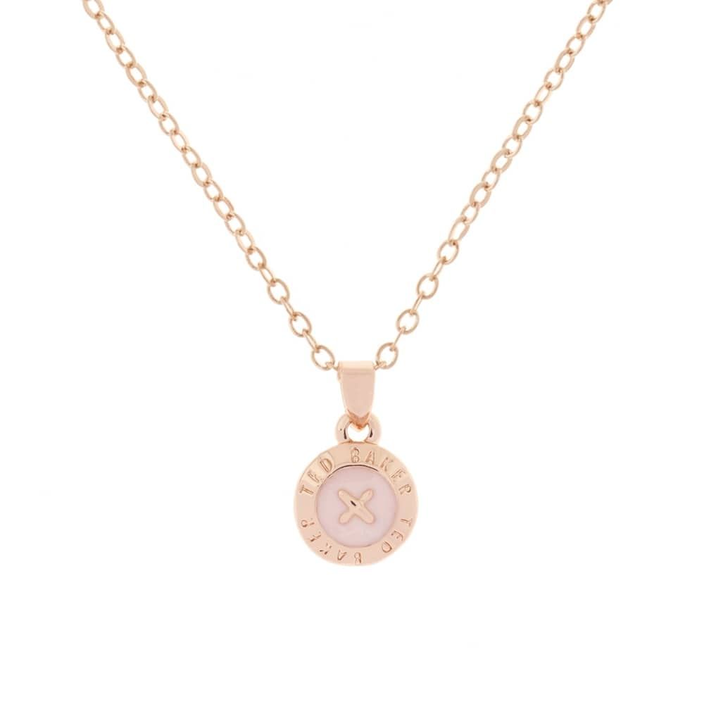 The Ted Baker Elvina Rose Gold Finish Pink Enamel Mini Button Pendant Necklace (TBJ1260-24-134) features a round pendant with a pink enamel center and engraved “Ted Baker” text around the edge.