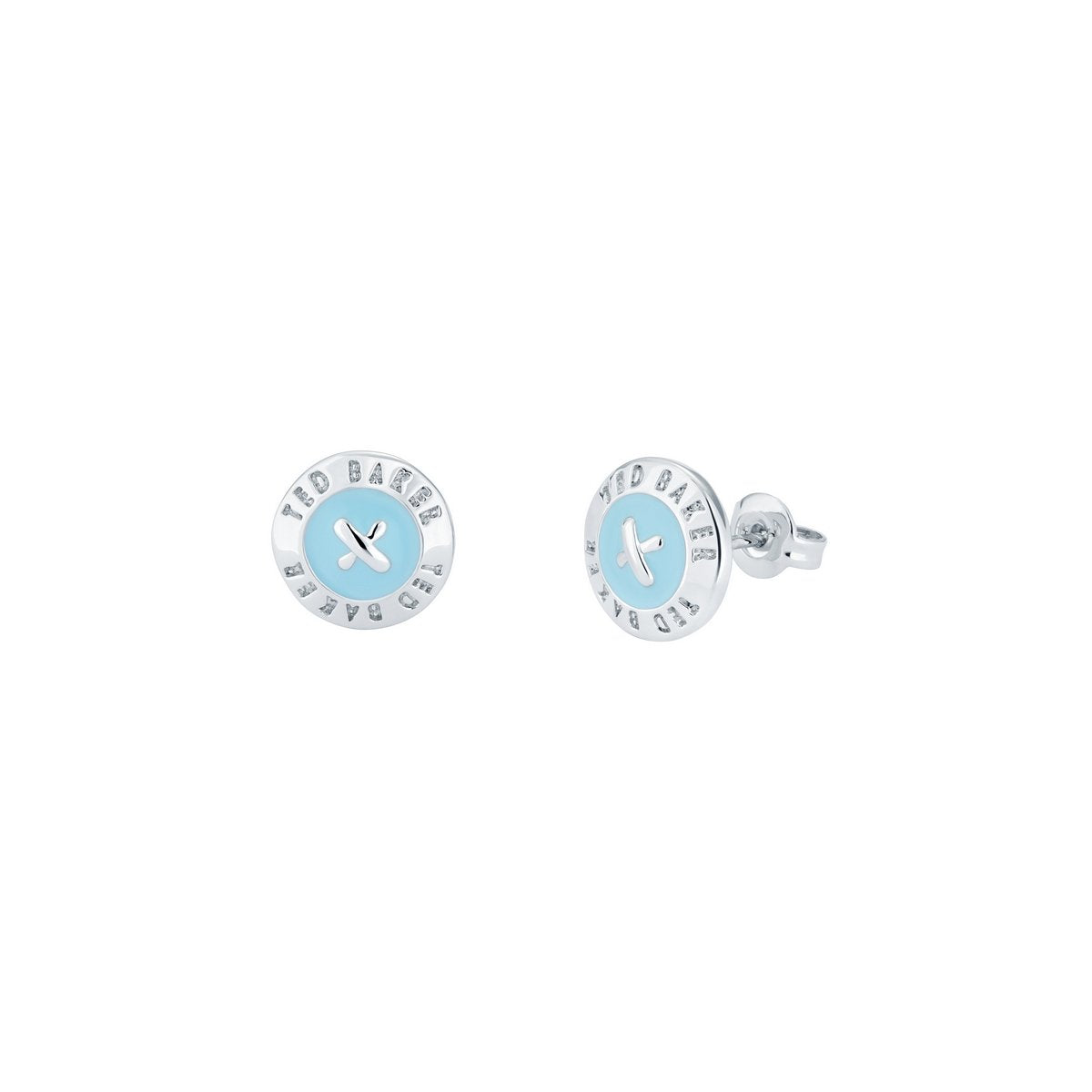 The TED BAKER Eisley Enamel Aqua Mini Button Earrings TBJ1266-01-30 feature round silver studs with a light blue enamel center and "TED BAKER" engraved around the edge.