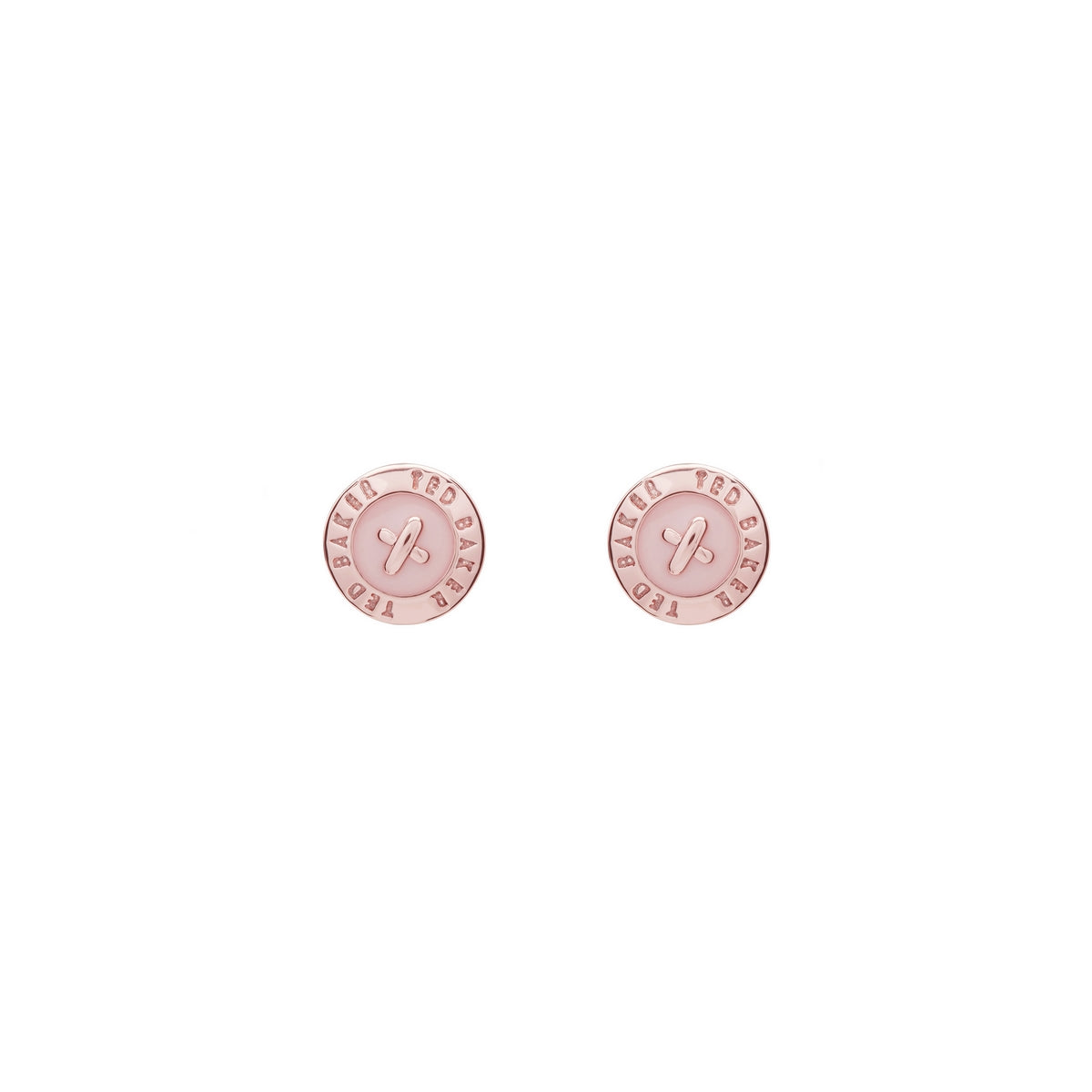 The Ted Baker Eisley Rose Gold Finish Pink Enamel Mini Button Stud Earrings (TBJ1266-24-134) feature round pink enamel discs with engraved edge text and a central symbol.