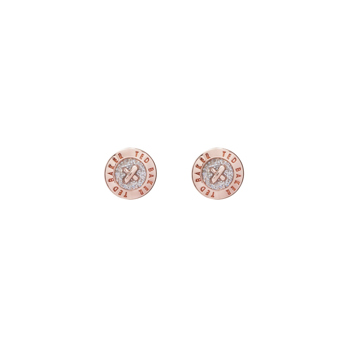 Add sparkle with the Ted Baker Eisley Rose Gold Finish Glitter Enamel Mini Button Stud Earrings (TBJ1266-24-138); these round studs feature branded borders and a jeweled center—ideal for rose gold earring lovers.