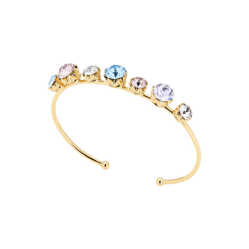 The TED BAKER CHESKA CRYSTAL CROWN ULTRA FINE CUFF TBJ1331-02-188 is a gold bracelet adorned with seven round, multicolored gemstones set along the top.