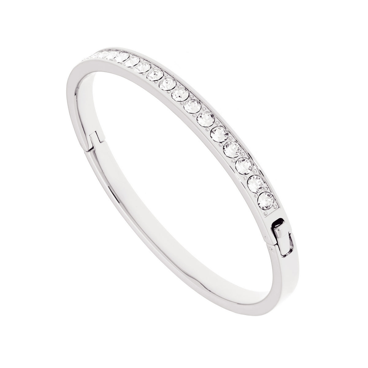 The Ted Baker Silver Tone Clemara Hinge Crystal Bangle TBJ1567-01-02 features a sleek silver finish with a row of round, clear crystals set along the top.