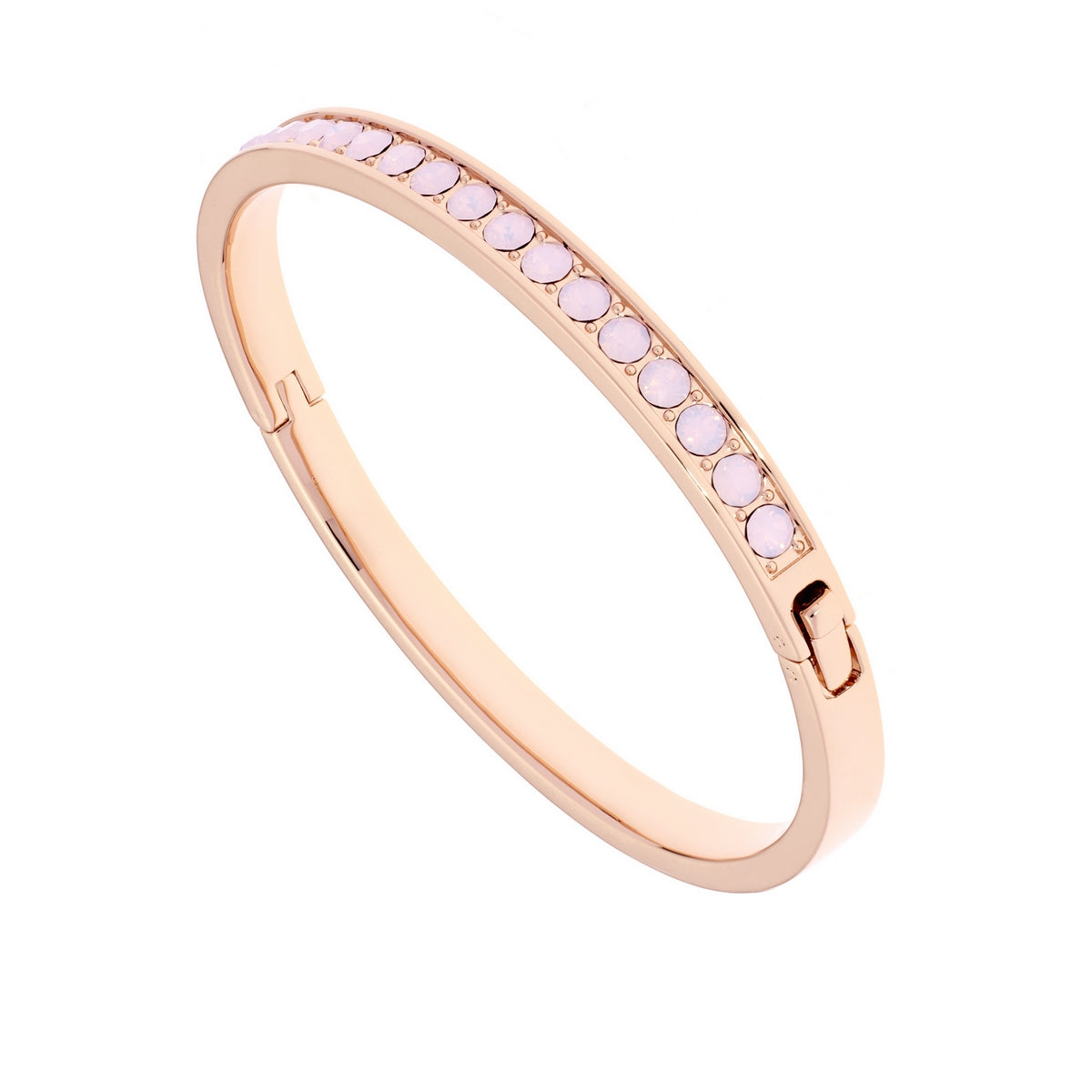 The TED BAKER Clemara Hinged Rose Gold and Pink Opal Bangle TBJ1567-24-203 features a row of round light pink opals on top and a secure hinged clasp for elegant style and ease of wear.