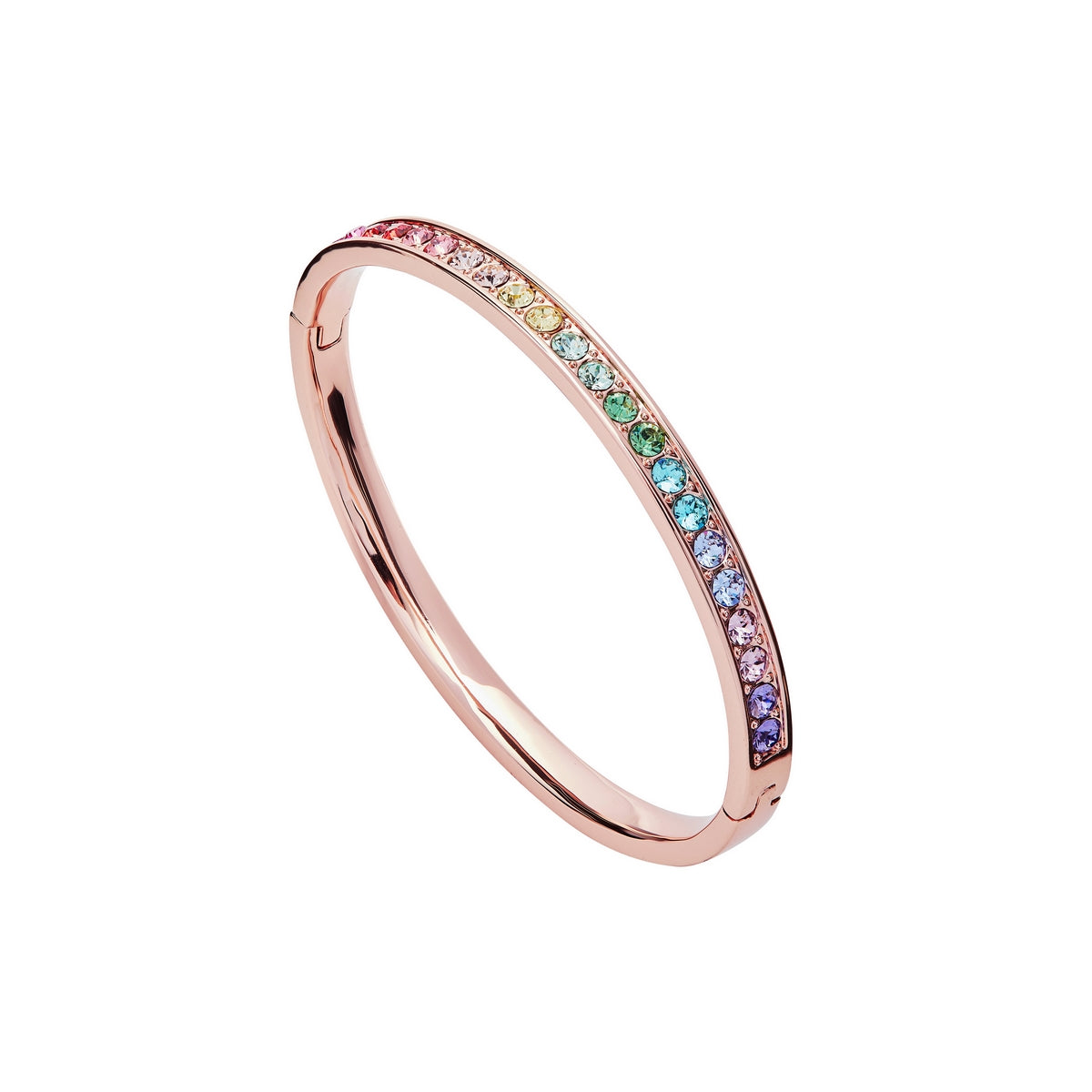 The Ted Baker Relnara Rainbow Rose Gold Hinge Bangle (TBJ1567-24-67) features a row of multicolored crystals, creating a brilliant gradient effect for a standout, shimmering look.