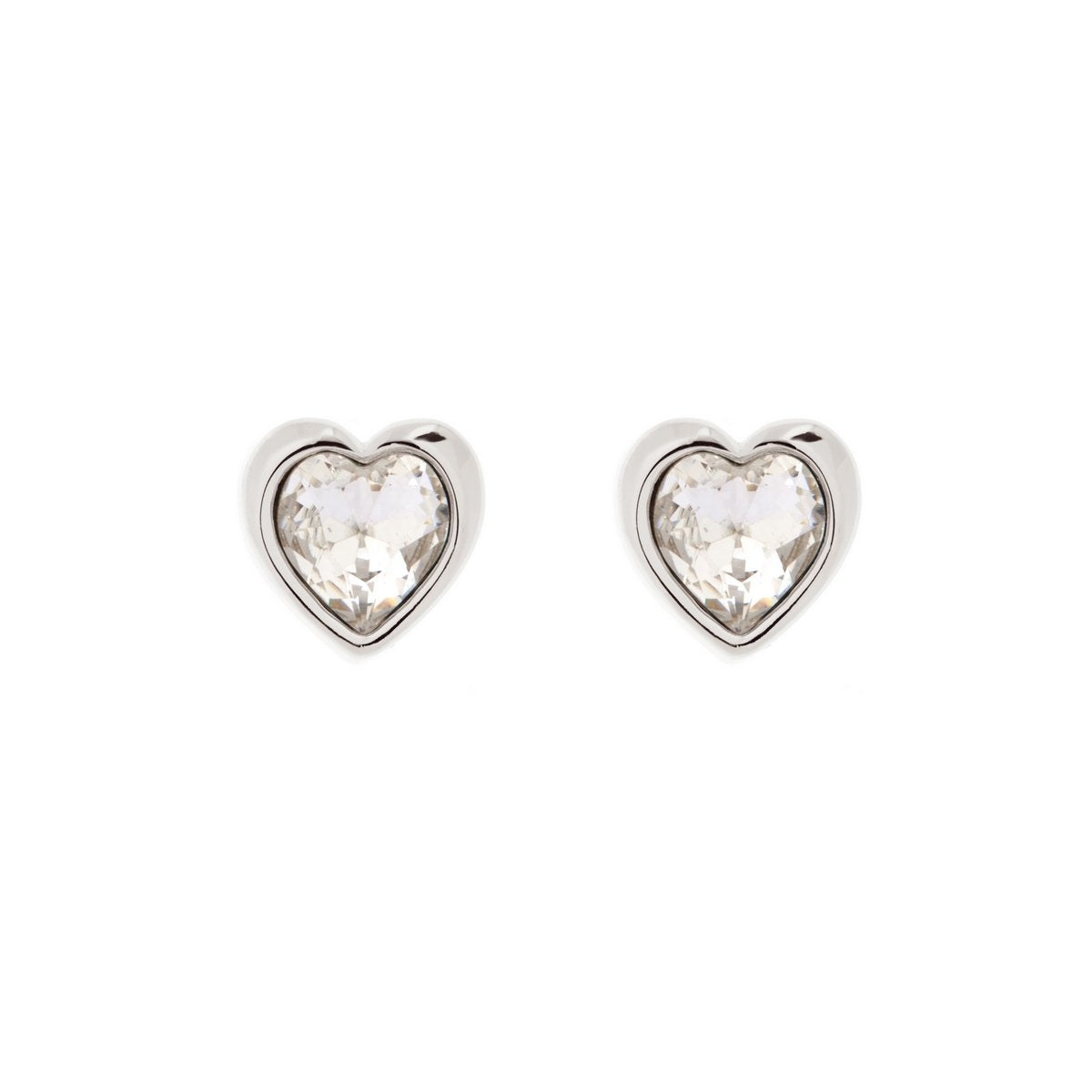 Ted Baker Swarovski Crystal Heart Silver Tone Earrings TBJ1654-01-02: Elegant heart-shaped studs with clear gemstones set in silver-toned metal, inspired by classic Swarovski Crystal Earrings.