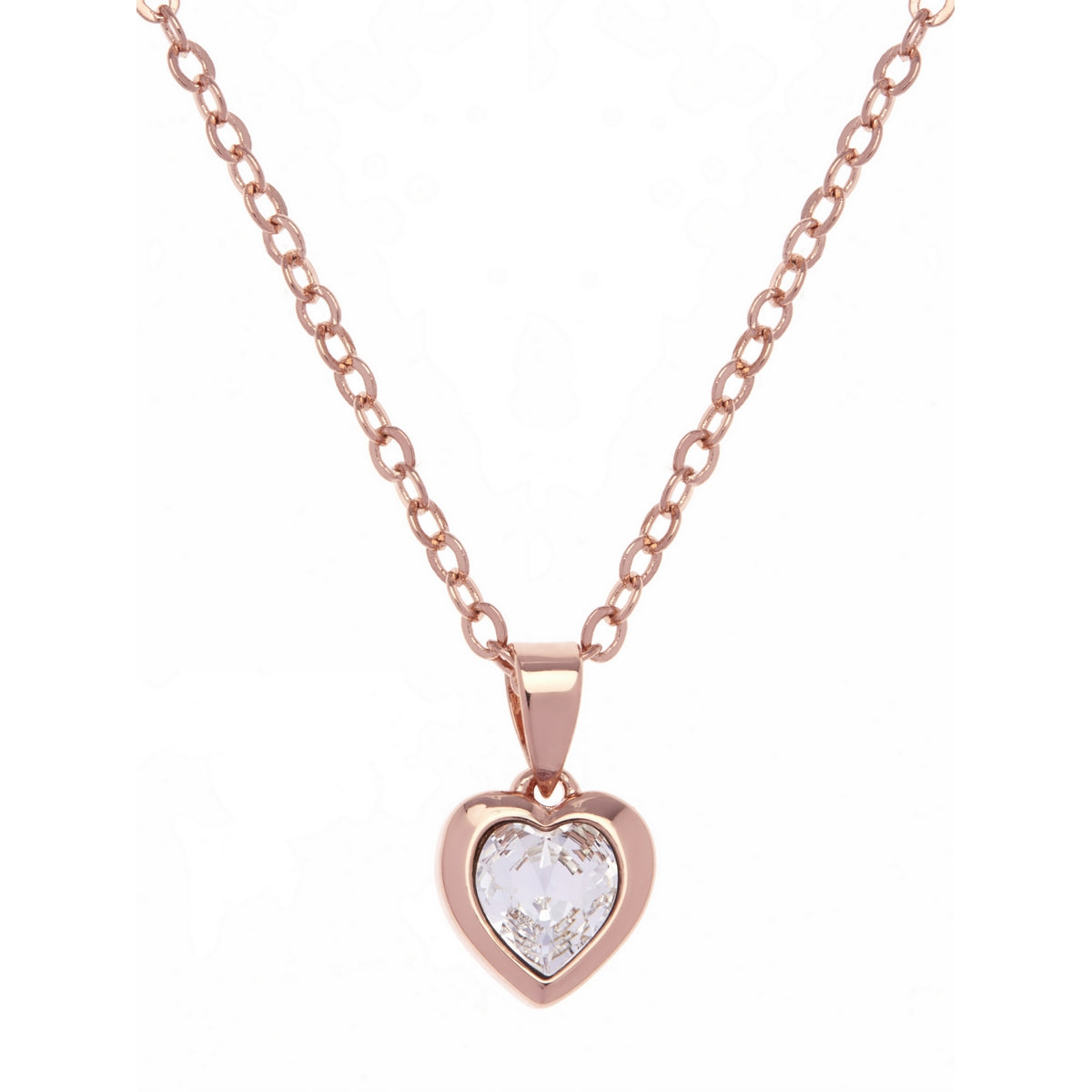 The TED BAKER Rose Gold Finish Swarovski Crystal Pendant Necklace (TBJ1681-24-02) features a heart-shaped charm with a clear Swarovski crystal at its center and an adjustable chain, perfect for adding everyday elegance.