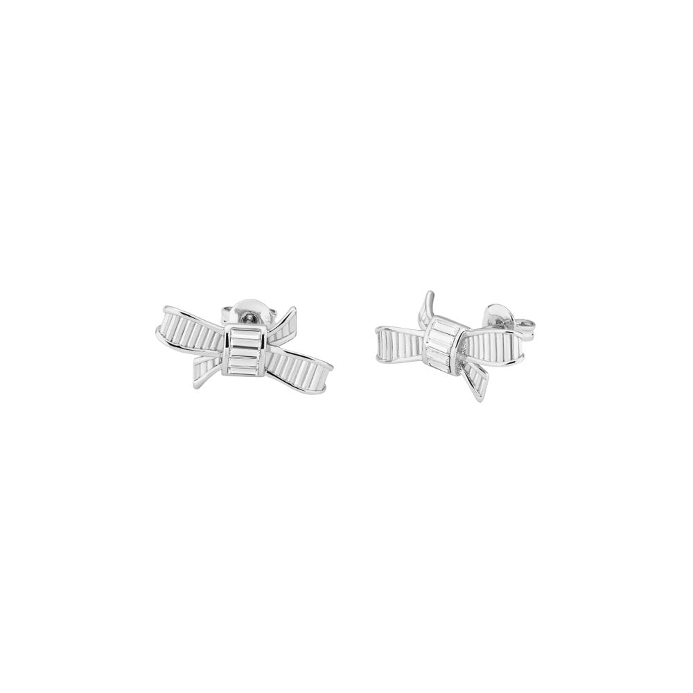 TED BAKER Deljcia Silver Finish Mini Ribbon Bow Earrings TBJ1898-01-02, featuring a ribbed ribbon design, shown on a plain white background.