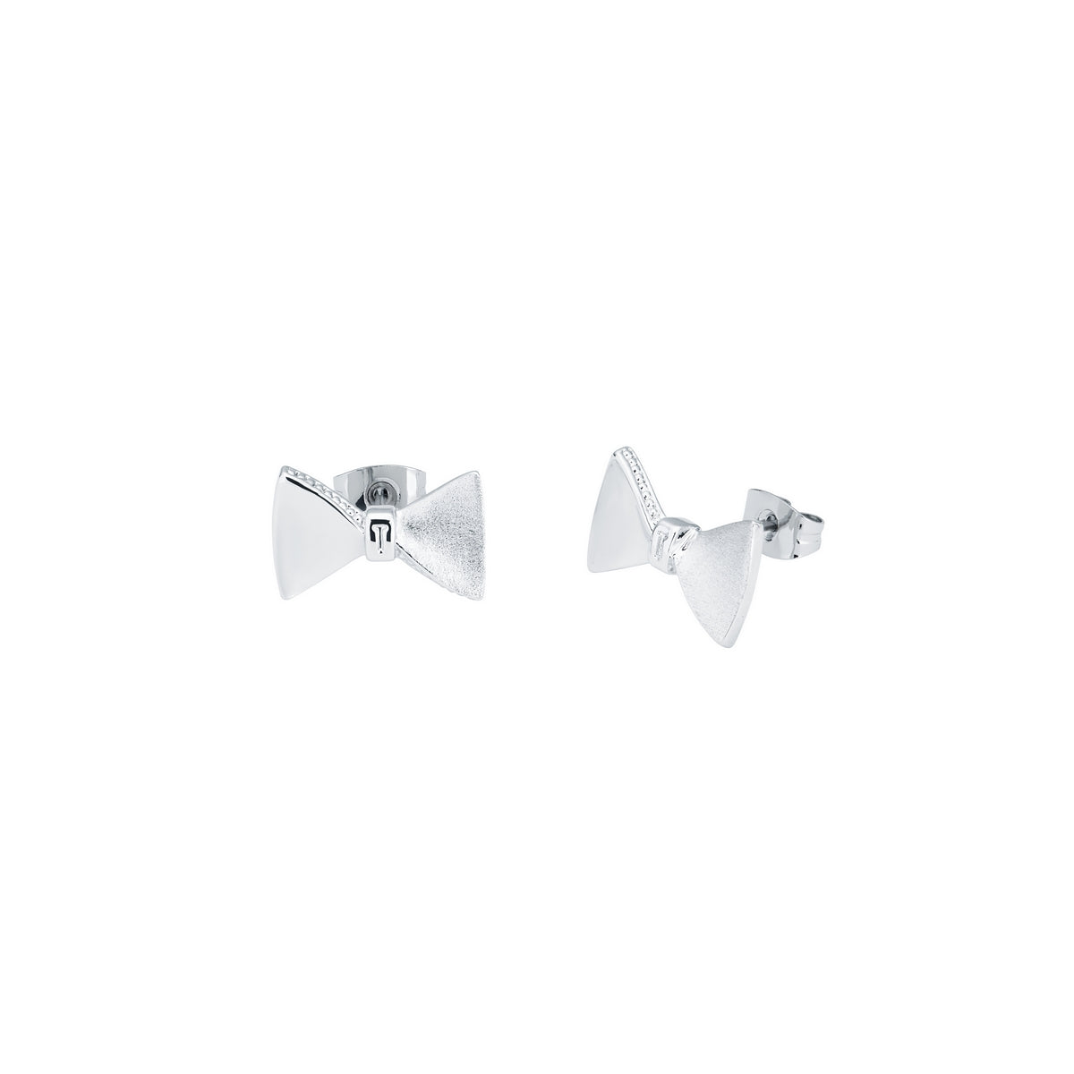 The TED BAKER Silver Finish Tayal Tux Bow Stud Earrings (TBJ2020-01-03) feature a sleek, bow-shaped design in silver and exude signature TED BAKER elegance, beautifully displayed on a plain white background.