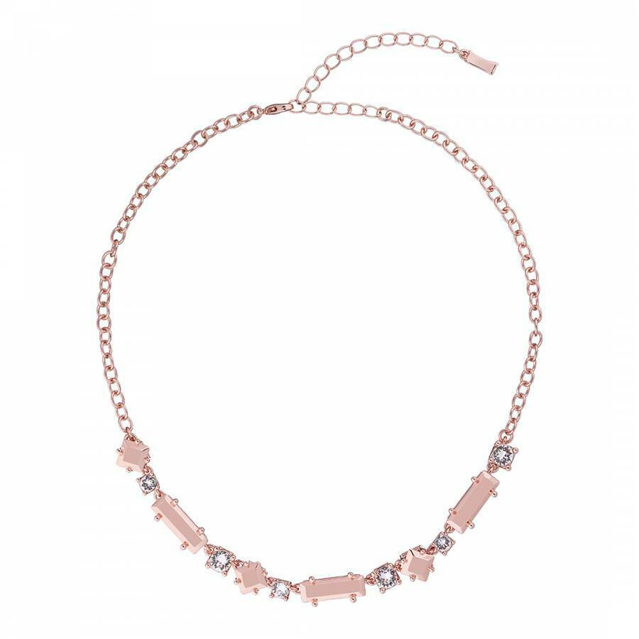 The TED BAKER Sarcelle Stone Necklace (TBJ2029-24-02) features alternating rectangular pink stones and round Swarovski crystals, finished with an adjustable clasp in rose gold.