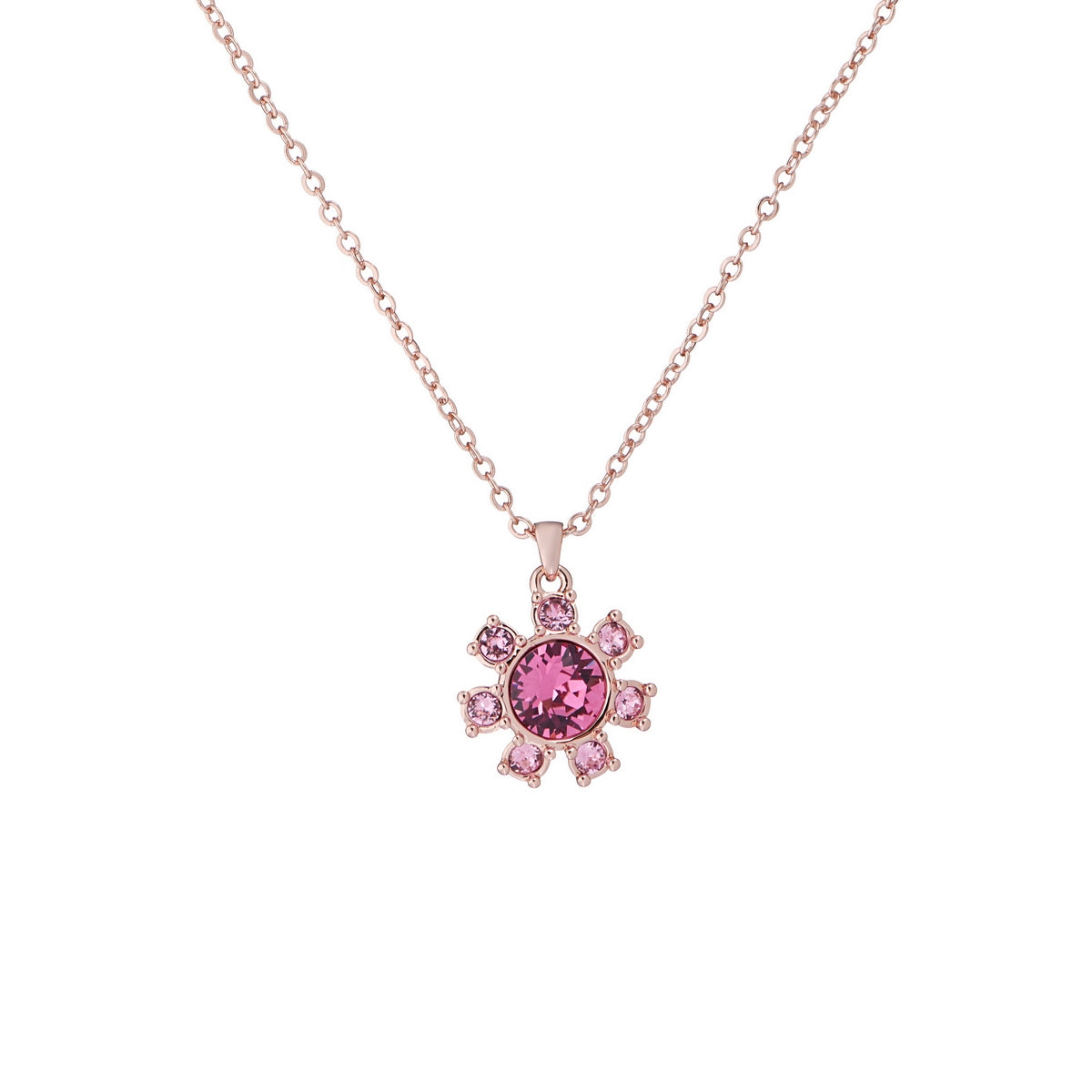 The TED BAKER Cressana Rose Gold and Rose Pink Crystal Daisy Clockwork Pendant Necklace (TBJ2086-24-360) features a daisy-inspired design with rose pink crystals, offering a stunning Swarovski Crystal Pendant style.