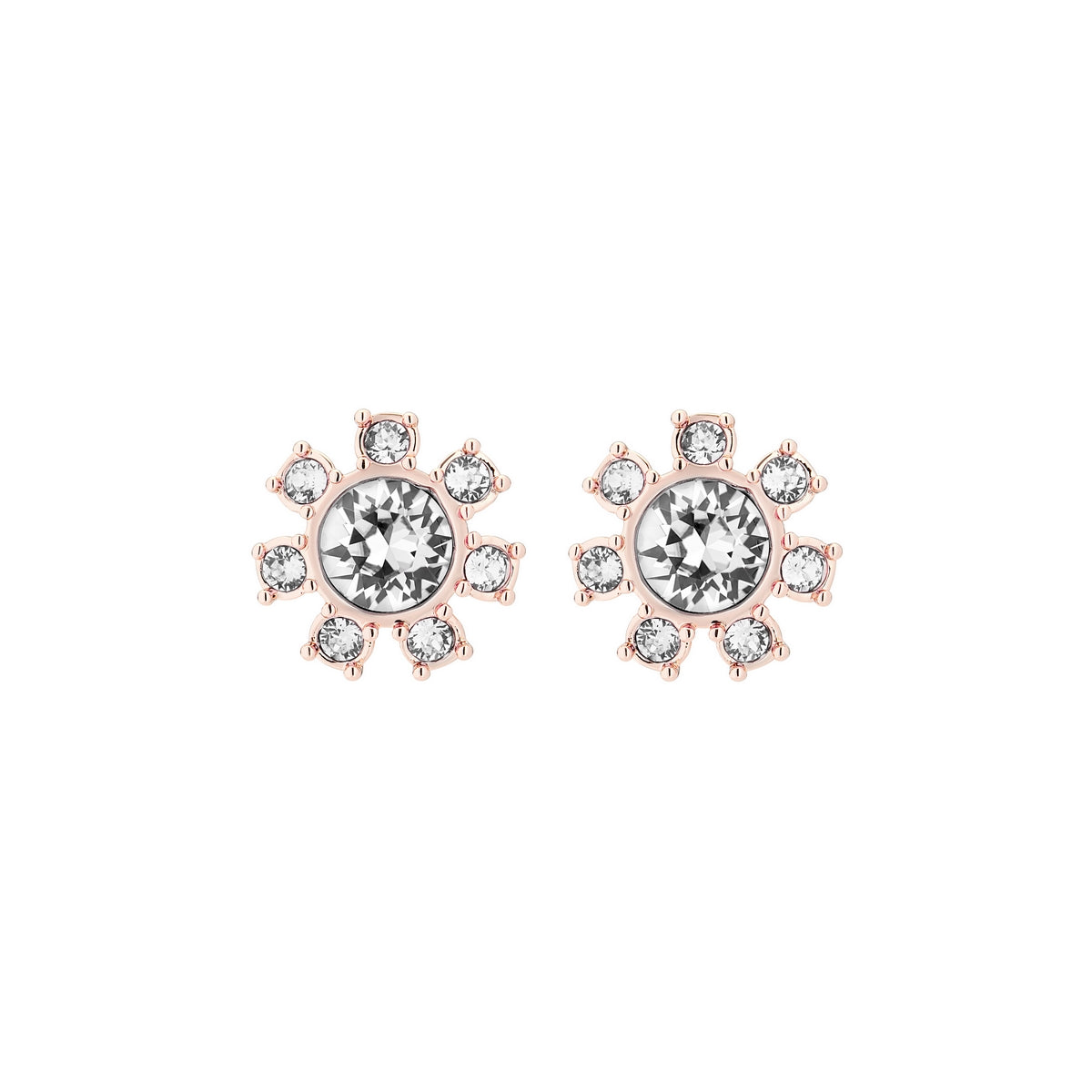The TED BAKER Chesha Daisy Clockwork Rose Gold Finish Studs (TBJ2091-24-02) feature a central round Swarovski Crystal encircled by smaller crystals in a dazzling sunburst pattern.