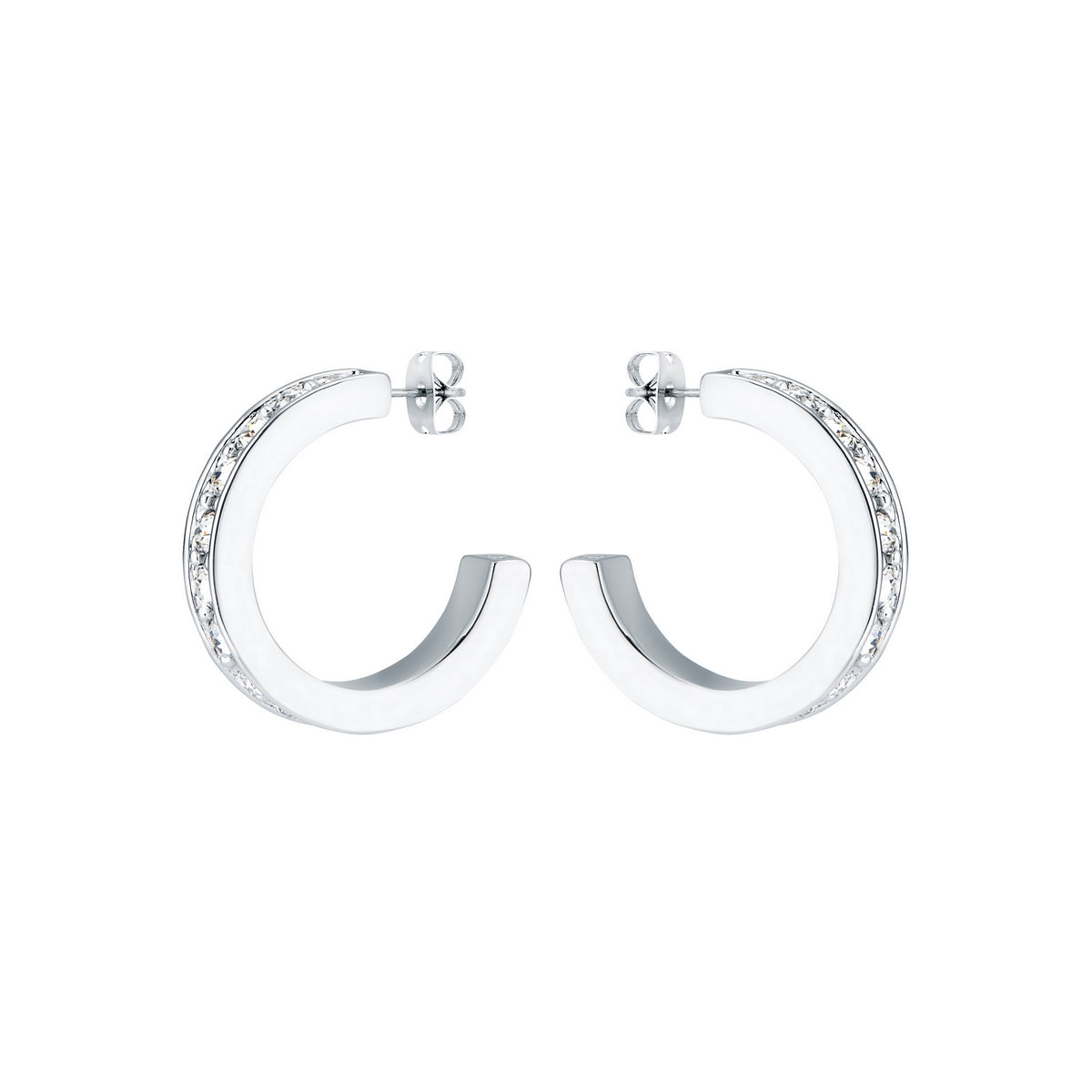 The Ted Baker Seannia Silver Coloured Huggie Earrings TBJ2111-01-02 feature a row of small, clear stones along the outer edge and are displayed against a white background.