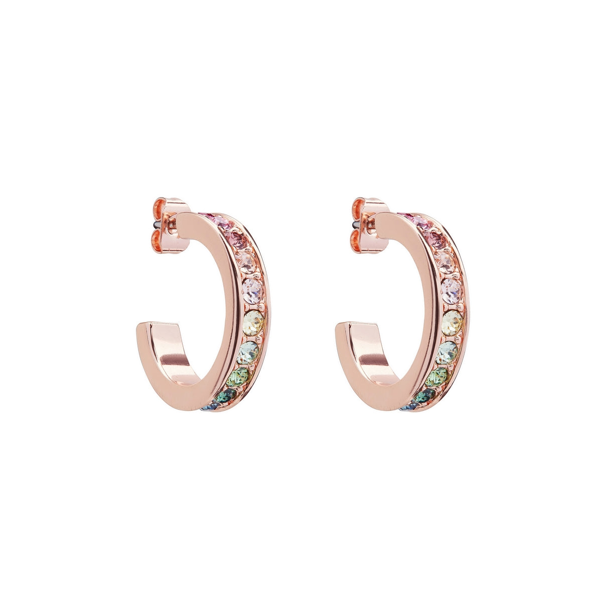 Enhance your style with the TED BAKER Reanna Rainbow Crystal Hoops TBJ2111-24-67, rose gold earrings adorned with vibrant multicolored gemstones along the edge for a standout look. Displayed on a white background, these hoops add a pop of color.