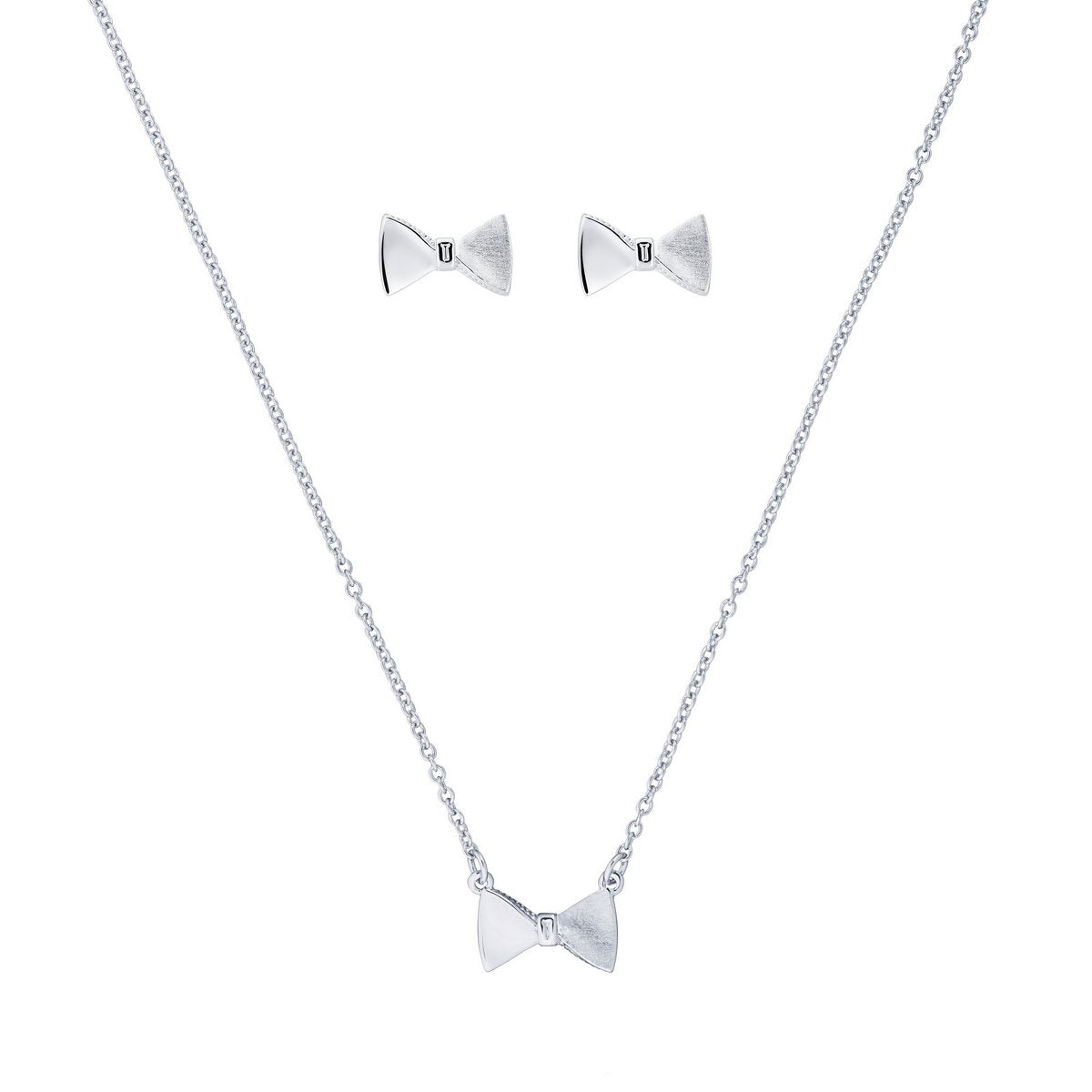 The TED BAKER Silver Finish Twizelle Tux Bow Earring and Pendant Necklace Gift Set TBJ2118-01-03 features a bow-shaped pendant necklace and matching stud earrings, displayed on a plain white background.