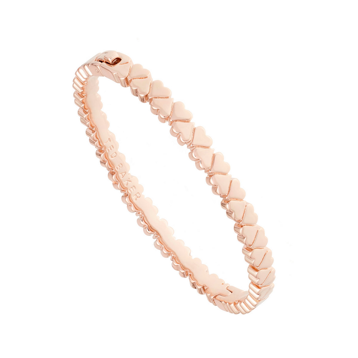 The Ted Baker Clemisha Hinge Heart Bangle TBJ2127-24-03 features rose gold heart-shaped links and is displayed on a white background.