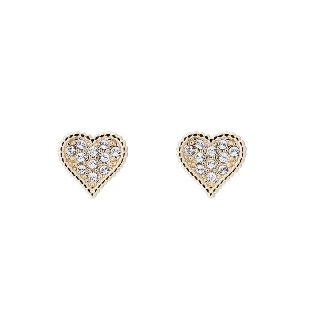 TED BAKER Gold Finish Hanya Hidden Heart Stud Earrings TBJ2177-30-02, heart-shaped and adorned with sparkling Swarovski crystals, are displayed on a plain white background.