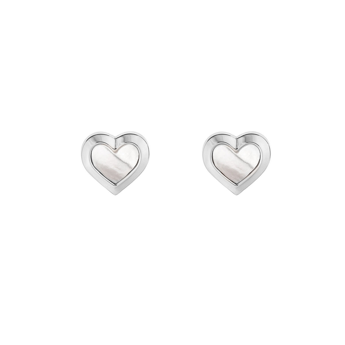A pair of TED BAKER Heila Silver Finish Heart Mother of Pearl Stud earrings (TBJ1084-01-203) shown on a plain white background.