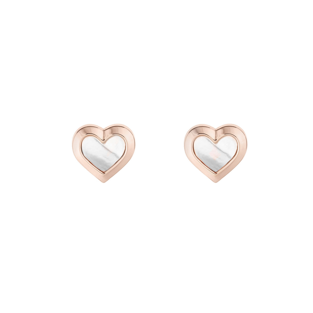 The TED BAKER Heila Mother Of Pearl Heart Stud Earrings (TBJ2235-24-46) feature rose gold frames with white mother of pearl centers, adding an elegant touch that shines beautifully against any backdrop.