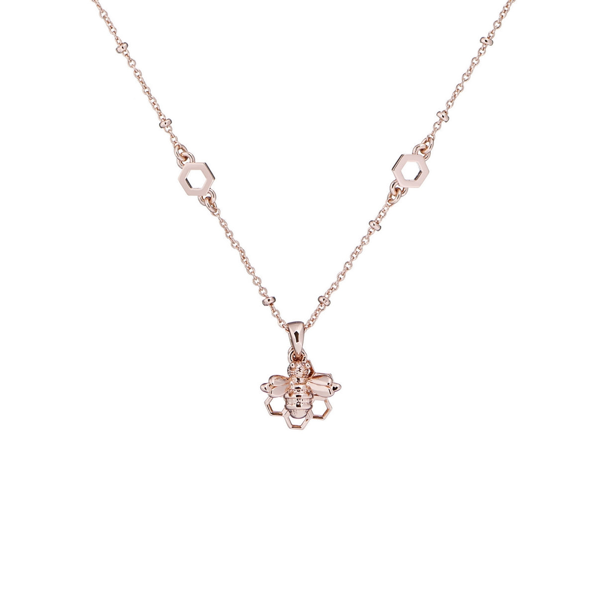 The TED BAKER Bediina Rose Gold Finish Bumble Bee Chain Necklace (TBJ2240-24-03) features a bee-shaped pendant and hexagon accents on an adjustable chain, shown on a white background.