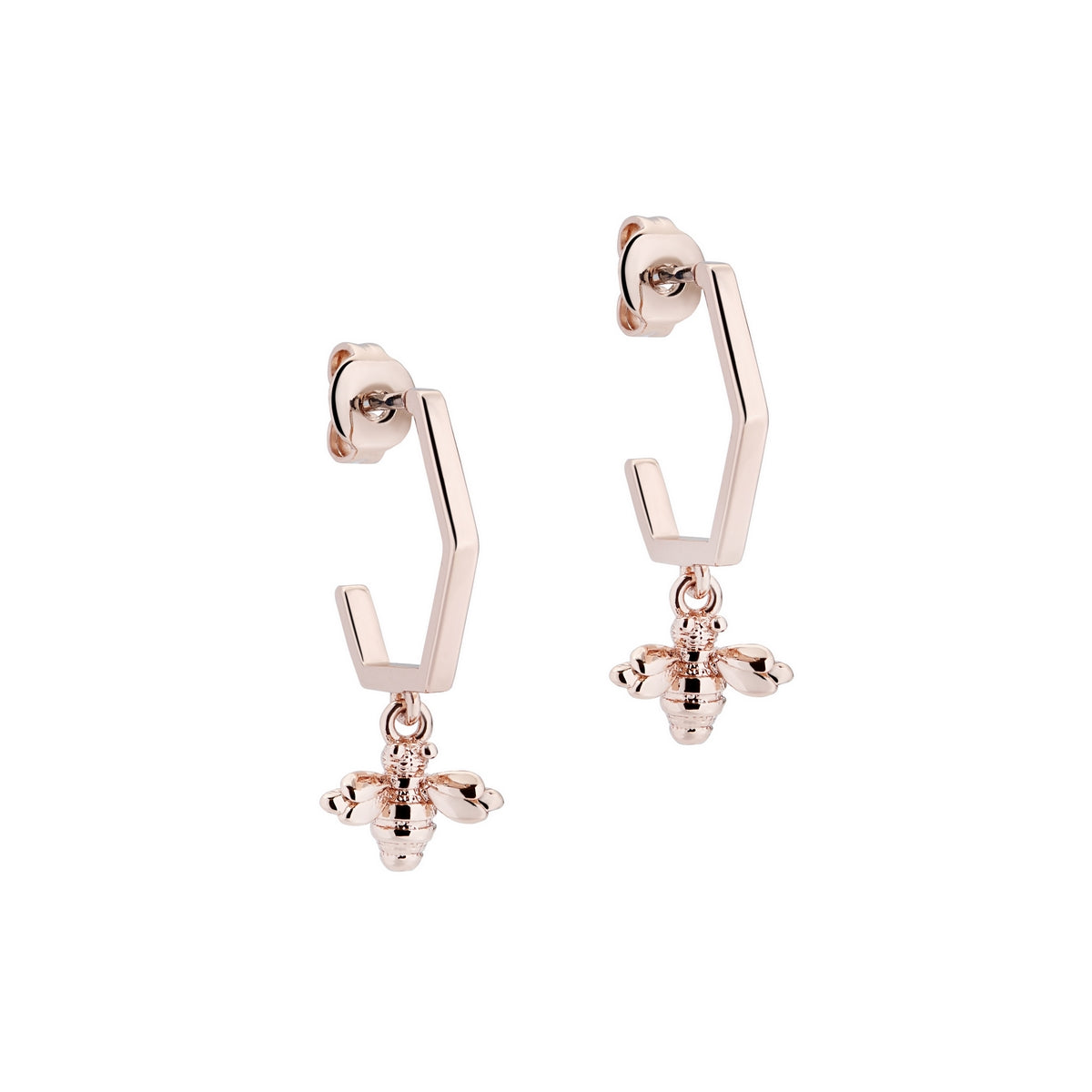 The TED BAKER Bumble Bee Earrings (TBJ2243-24-03) feature rose gold hoops with dangling bumble bee charms, shown against a white background.