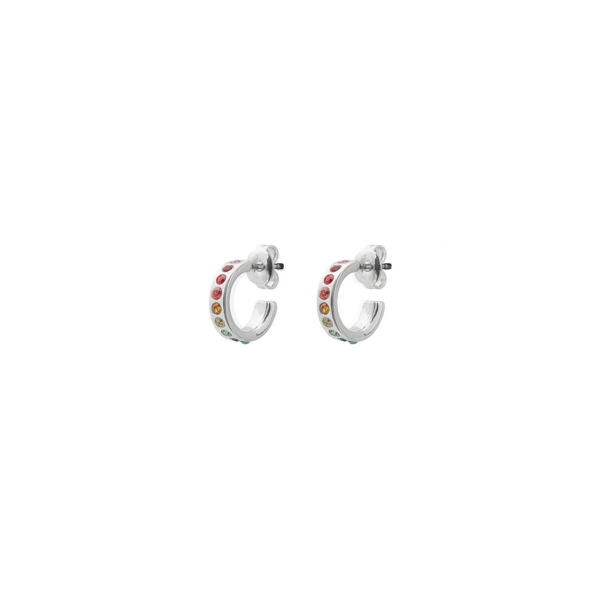 The Ted Baker Reeni Silver Coloured Mini Hoop Rainbow Huggie Earrings (TBJ2297-01-65) feature sparkling Swarovski crystals and multicolored gemstones set along the outer edge, showcased against a plain white background.
