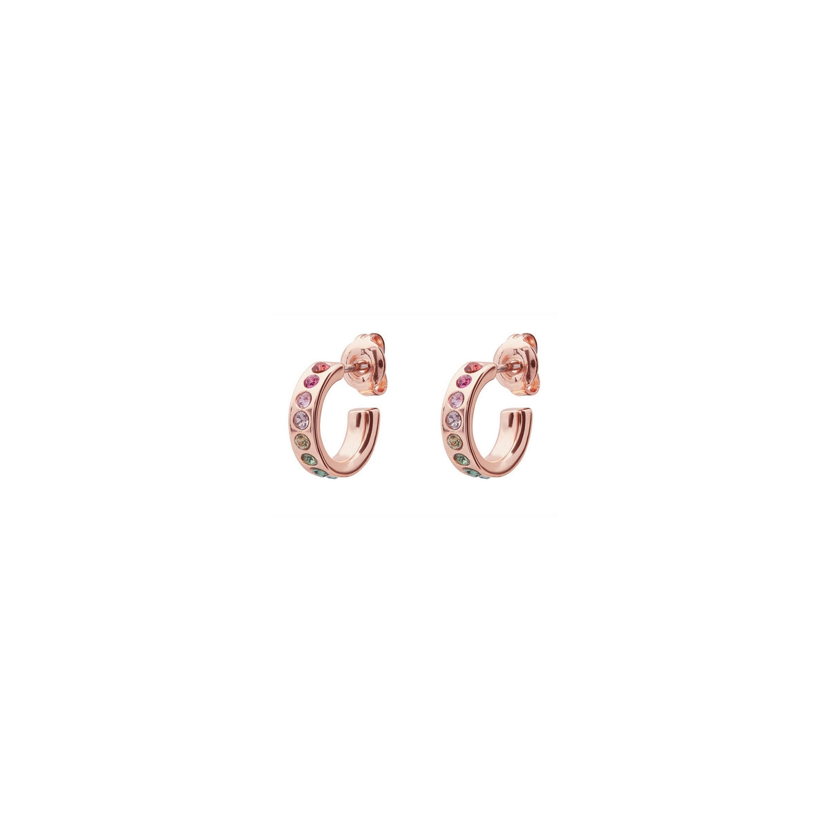 TED BAKER Reeni rose gold coloured mini hoop huggie rainbow earrings (Code: TBJ2297-24-67) with multicoloured crystals shown against a white background.