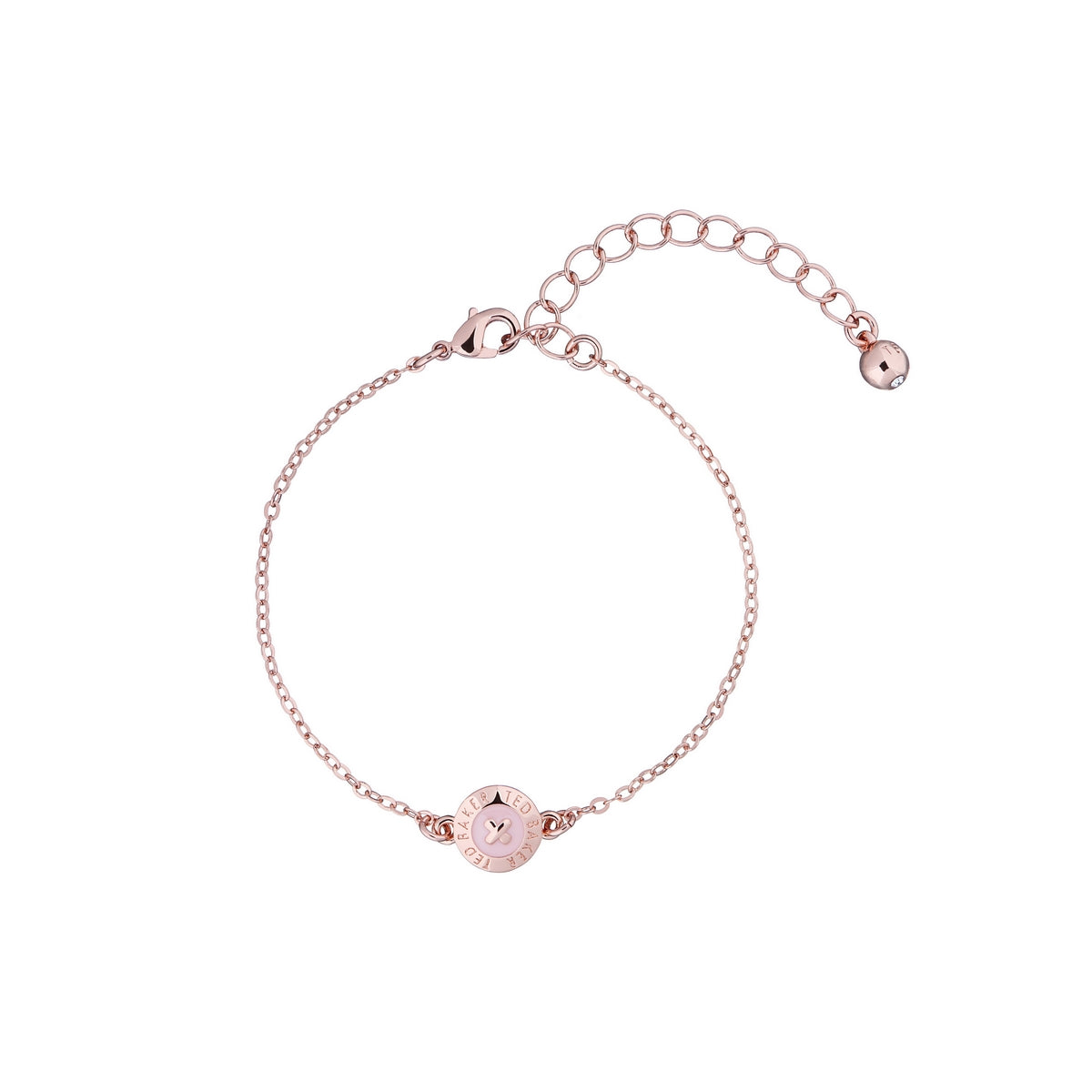 The TED BAKER Eisa Enamel Mini Button Bracelet TBJ2395-24-134 features a rosegold-tone adjustable clasp, a small round charm with engraved initials and pattern, and sparkling Swarovski crystal accents.