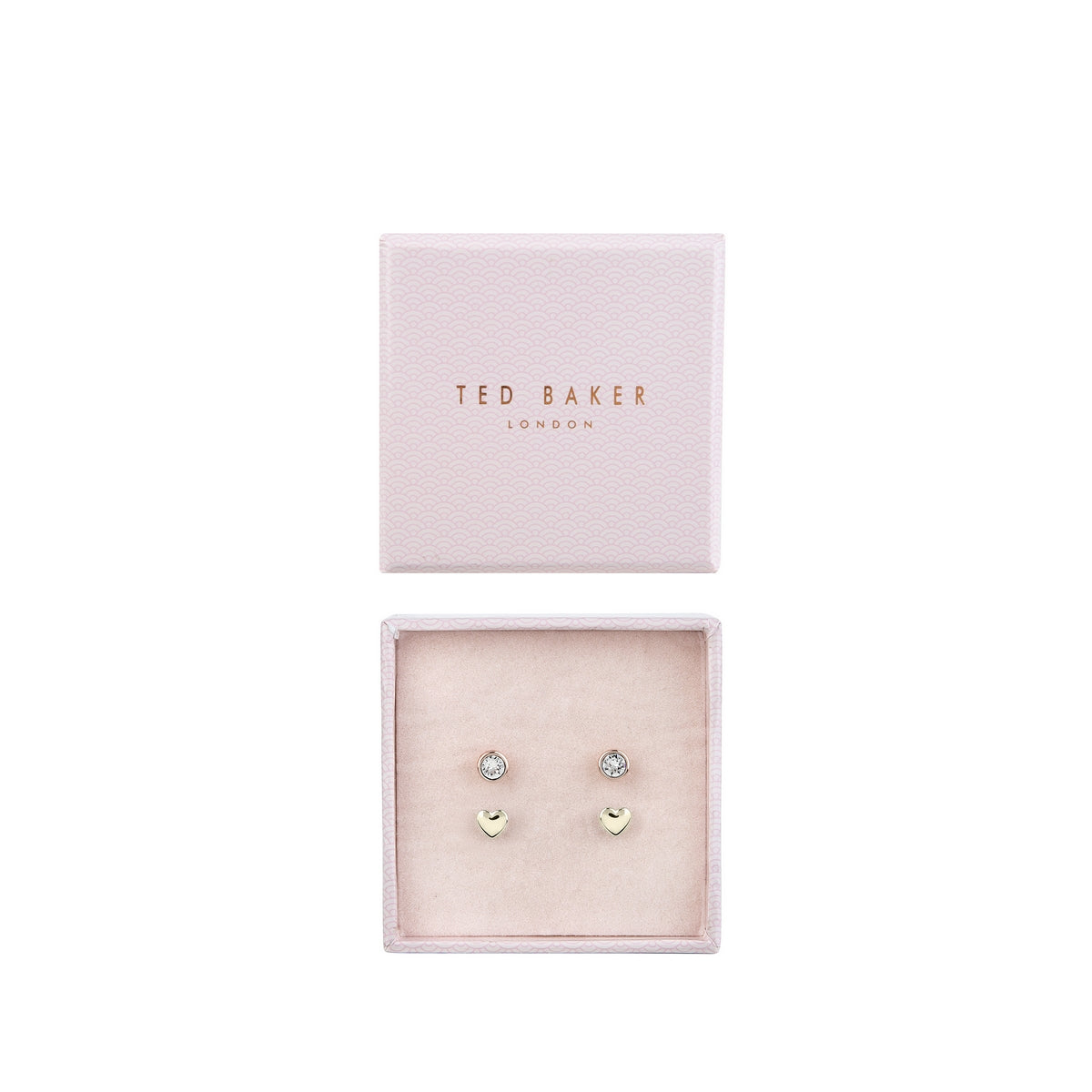 The TED BAKER Sarna Gift Set (TBJ2401-02-02) features gold-finish stud earrings with a Swarovski Crystal and a gold heart, elegantly presented in a pink Ted Baker London box.