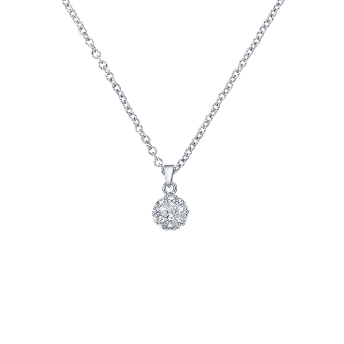 Featuring a silver finish, the TED BAKER Pavra Pave Ball Pendant Necklace TBJ2425-01-02 displays a sparkling round pendant on a delicate chain, shown against a plain white background.