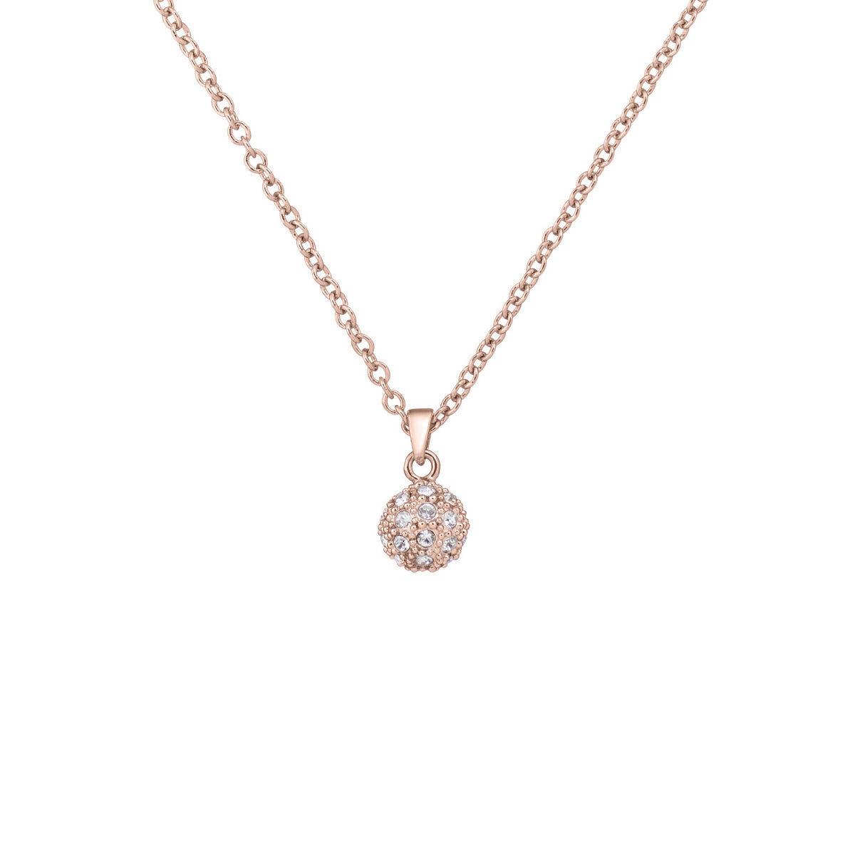 The TED BAKER Pavra Pave Rose Gold Finish Ball Pendant Necklace TBJ2425-24-02 features a round pendant with white gemstones, shown on a plain white background.