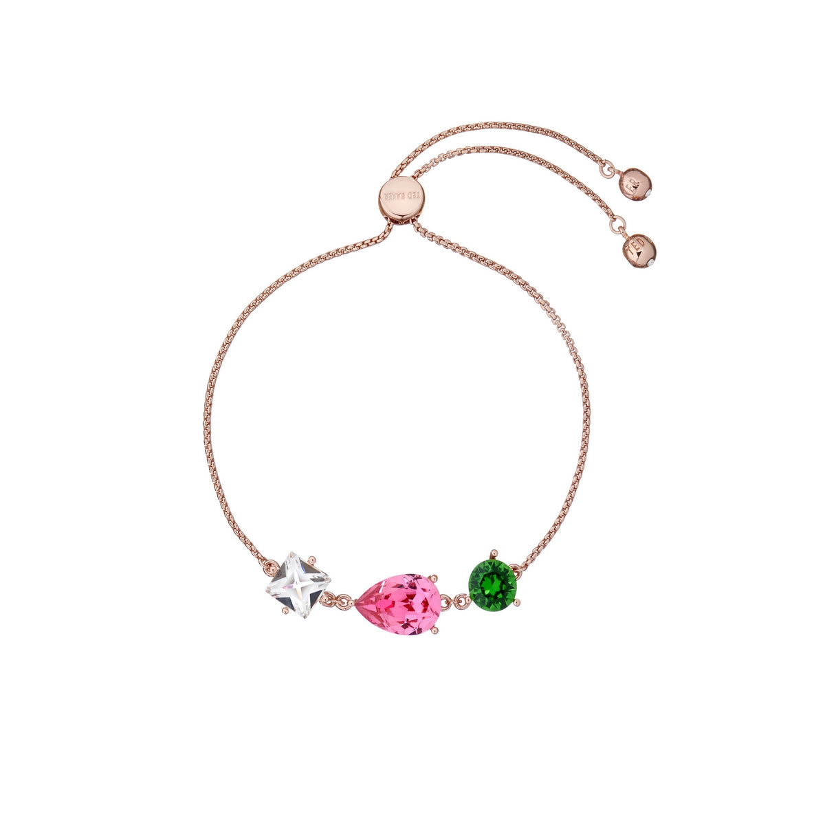 The TED BAKER Callab Crystal Bracelet (TBJ2469-24-85) features rose gold plating, an adjustable toggle clasp, and three Swarovski crystal charms: a clear star, pink teardrop, and round green stone.