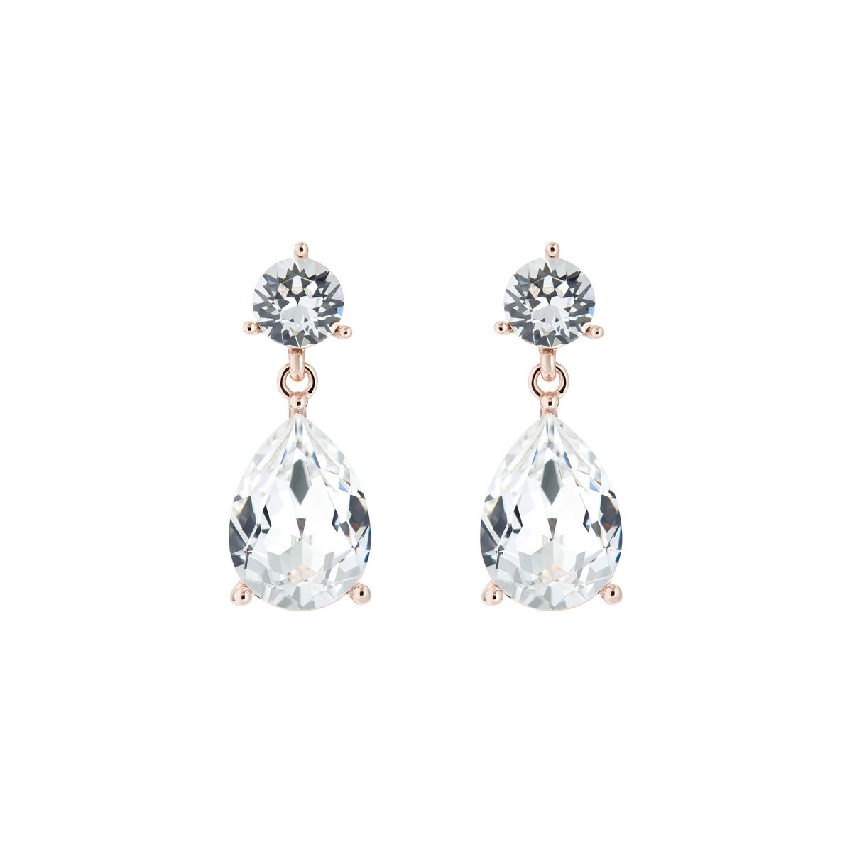 The TED BAKER Carbela Rose Gold Finish and Crystal Candy Teardrop Earrings (TBJ2471-24-02) feature round and teardrop-shaped clear crystals in a stunning rose gold setting.
