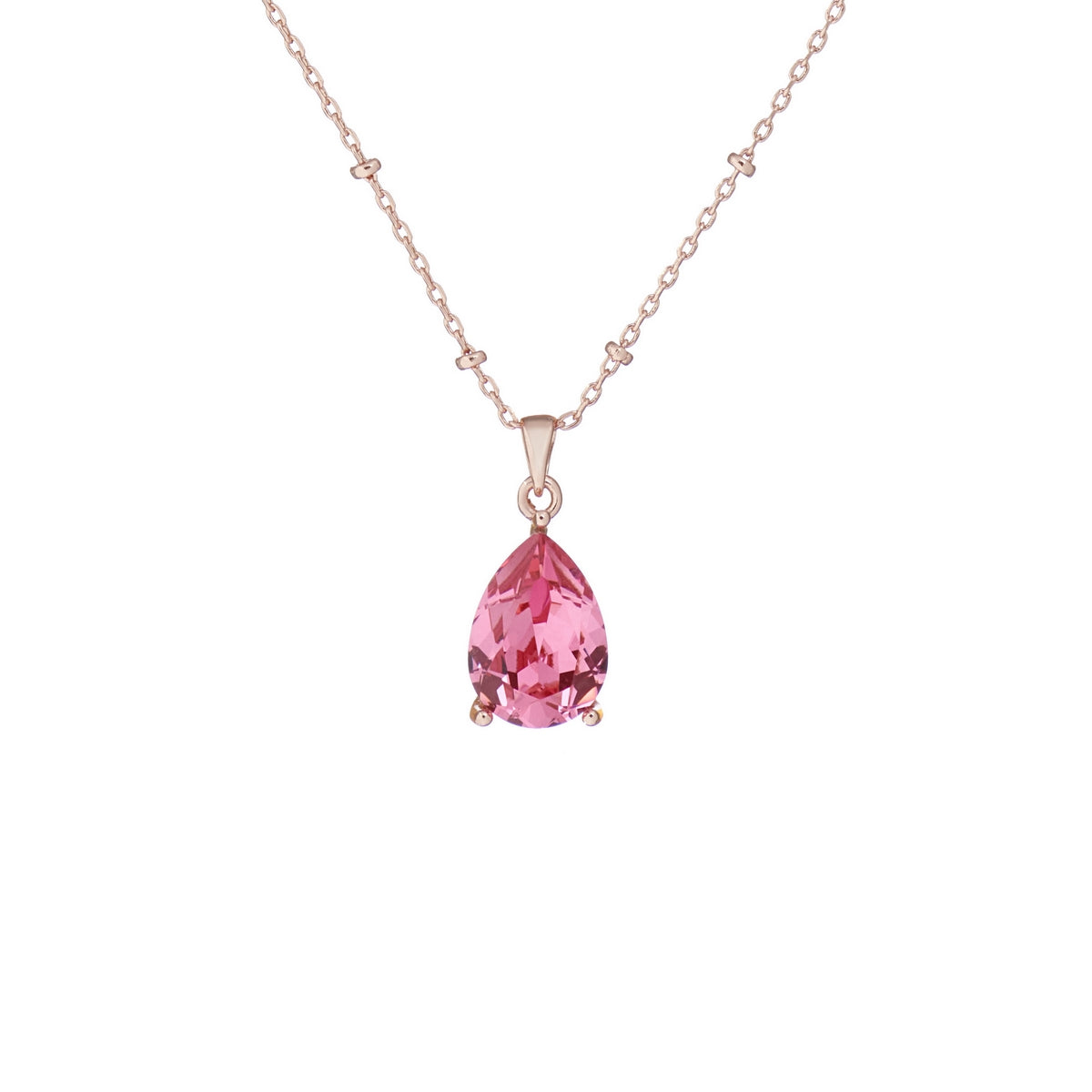 The TED BAKER Cashell Rose Gold Finish and Pink Crystal Candy Teardrop Pendant Necklace (TBJ2483-24-04) features a fine chain and pear-shaped pink crystal pendant, shown on a white background.