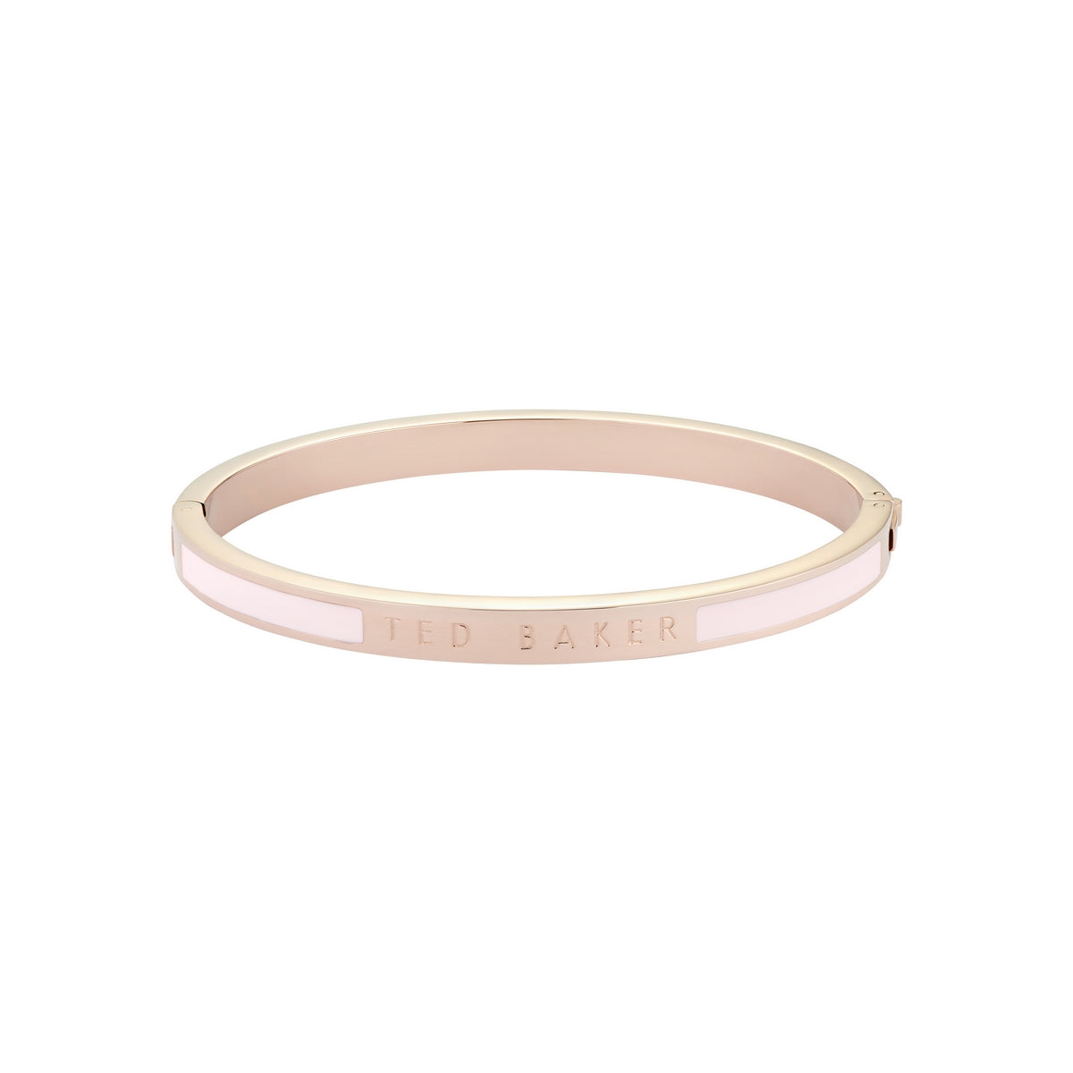 The Ted Baker Elemara Rose Gold Enamel Hinge Bangle TBJ2554-24-134 features a pale pink enamel inlay, an elegant hinged design, and "Ted Baker" engraved on the front.