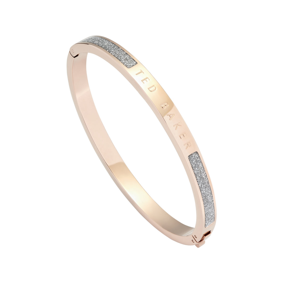 The Ted Baker Elemara Enamel Hinge Bangle TBJ2554-24-138 features "TED BAKER" engraving and sparkling silver glitter inlays on both sides, adding elegant, rose gold glamour to any outfit.