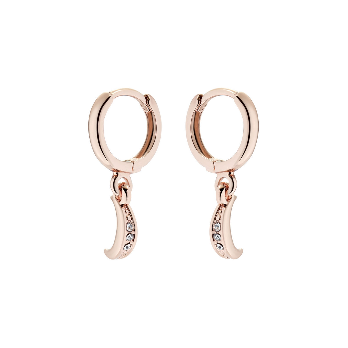 TED BAKER Marlaan Rose Gold Finish and Crystal Crescent Moon Huggie Earrings (Code: TBJ2560-24-02) feature curved dangling moon charms accented with sparkling crystals.