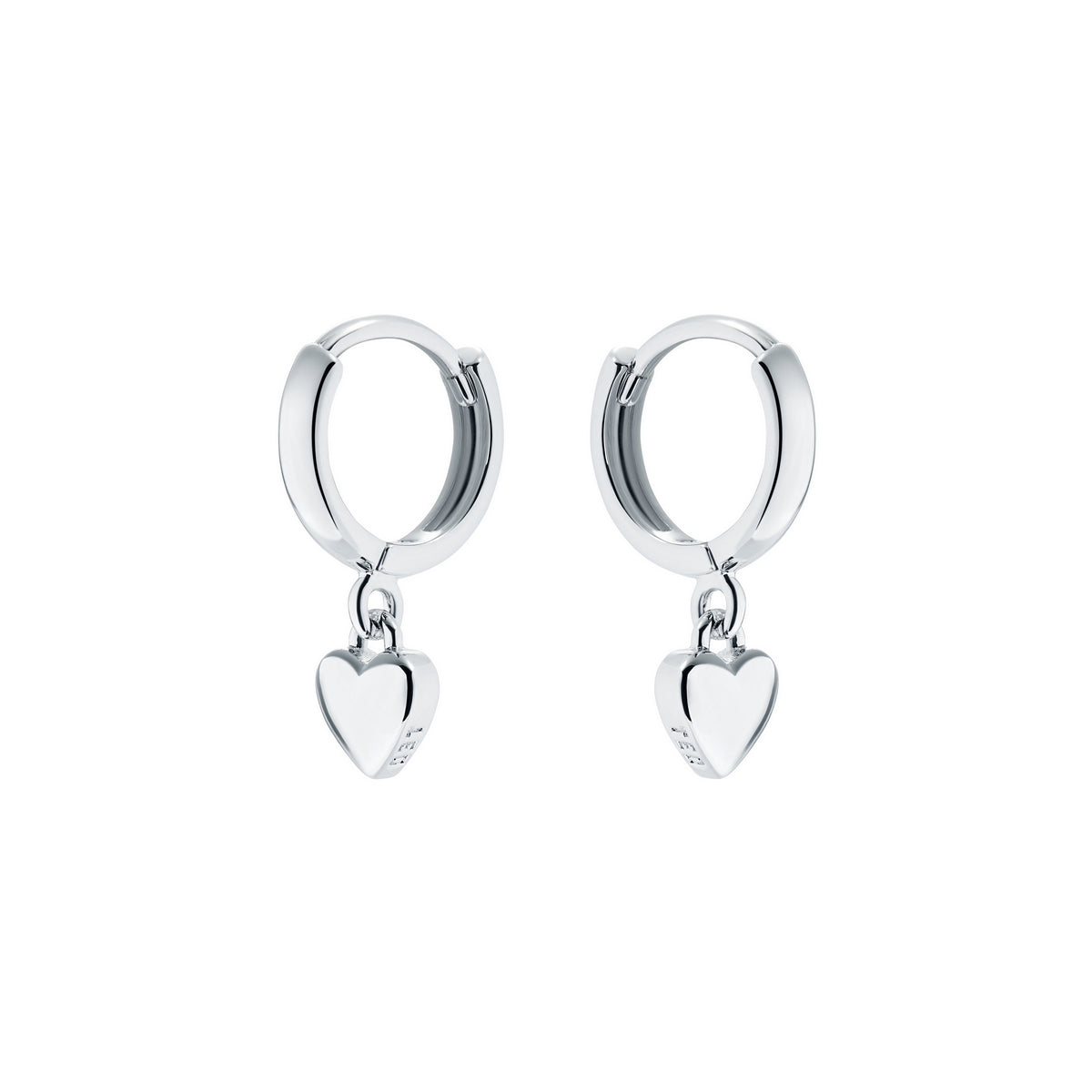TED BAKER Harrie Tiny Heart Huggie Earrings (TBJ2578-01-03) in silver-tone, each with a small heart pendant, shown on a white background. Chic earrings perfect for any occasion.