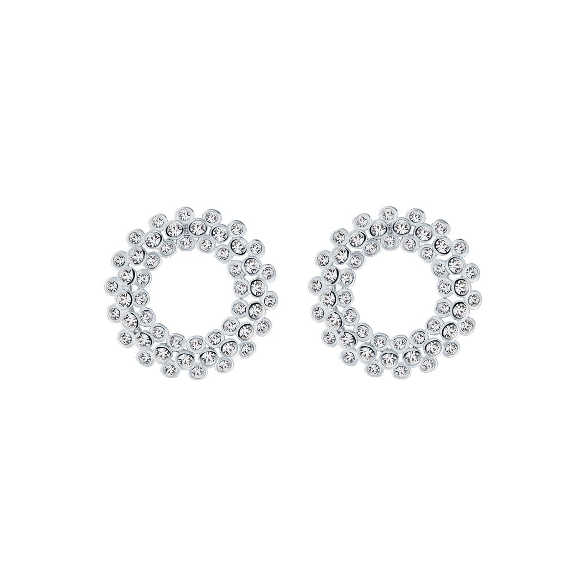 The Ted Baker-Crystal AURORA Silver Tone Earrings TBJ2695-01-02 feature two concentric rows of small, evenly spaced clear crystals.