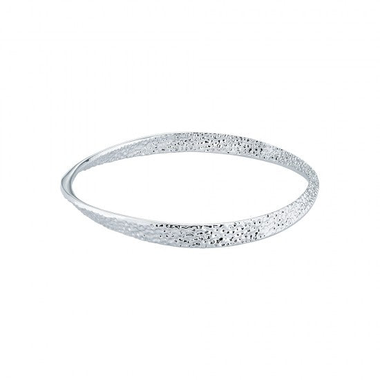 The Ted Baker Helmara Silver Tone Hammered Hoop Textured Bangle TBJ2696-01-03 features a stylish, twisted overlapping design and is displayed on a plain white background.