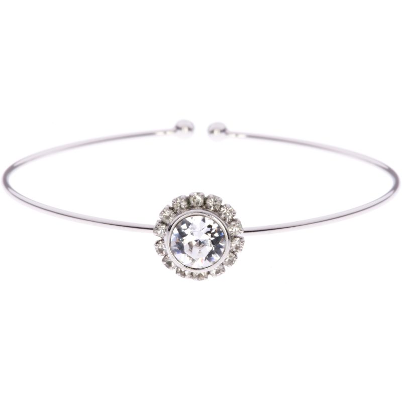 The Ted Baker Sapelle Crystal Ultra Fine Cuff (TBJ855-01-02) is a silver plated bangle with a central round clear stone encircled by smaller crystals, giving it an elegant and timeless appeal.