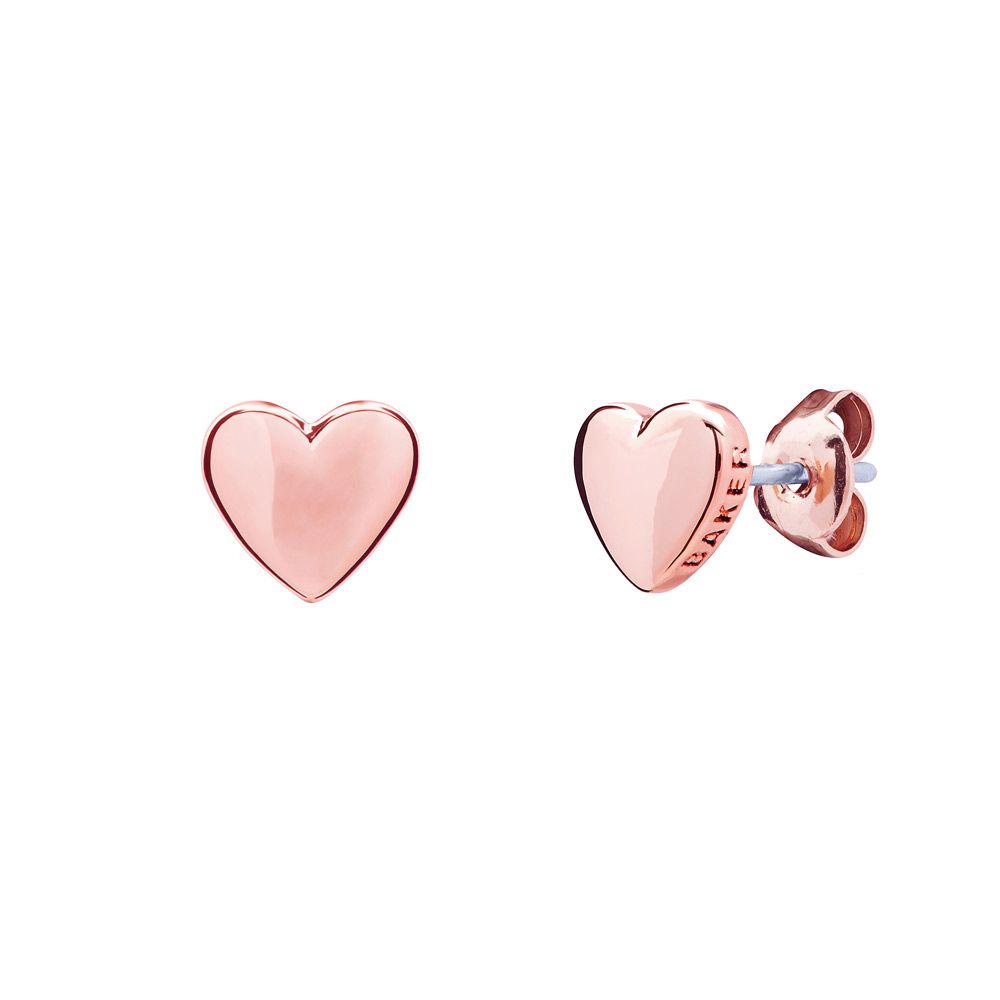 A pair of TED BAKER Harly Rose Gold Finish Tinny Heart Stud Earrings (TBJ872-24-03), with one earring showing the front and the other displaying the butterfly clutch back.