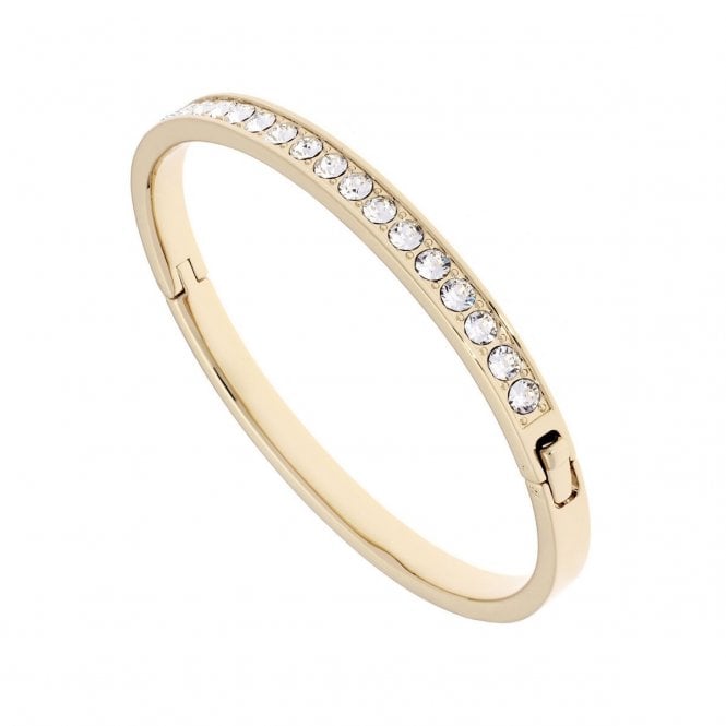 The Ted Baker Clemara Gold Finish Hinged Crystal Bangle TBJ1567-02-02 features a row of sparkling, round-cut Swarovski Crystals set along the top for timeless elegance.