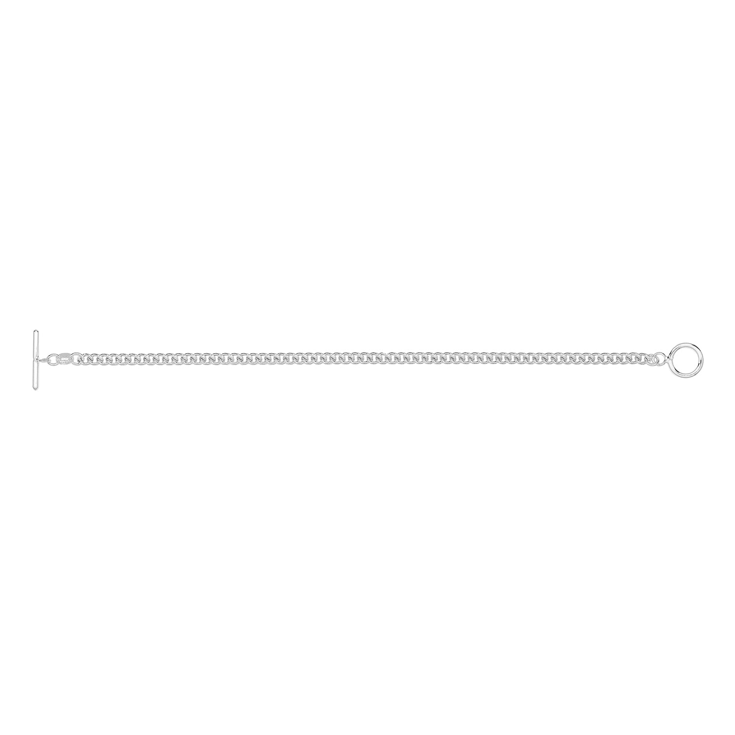 The STERLING SILVER LADIES ALBERT T-BAR TOGGLE CURB BRACELET features a delicate curb chain with a t-bar toggle clasp and circular ring, elegantly displayed on a white background.